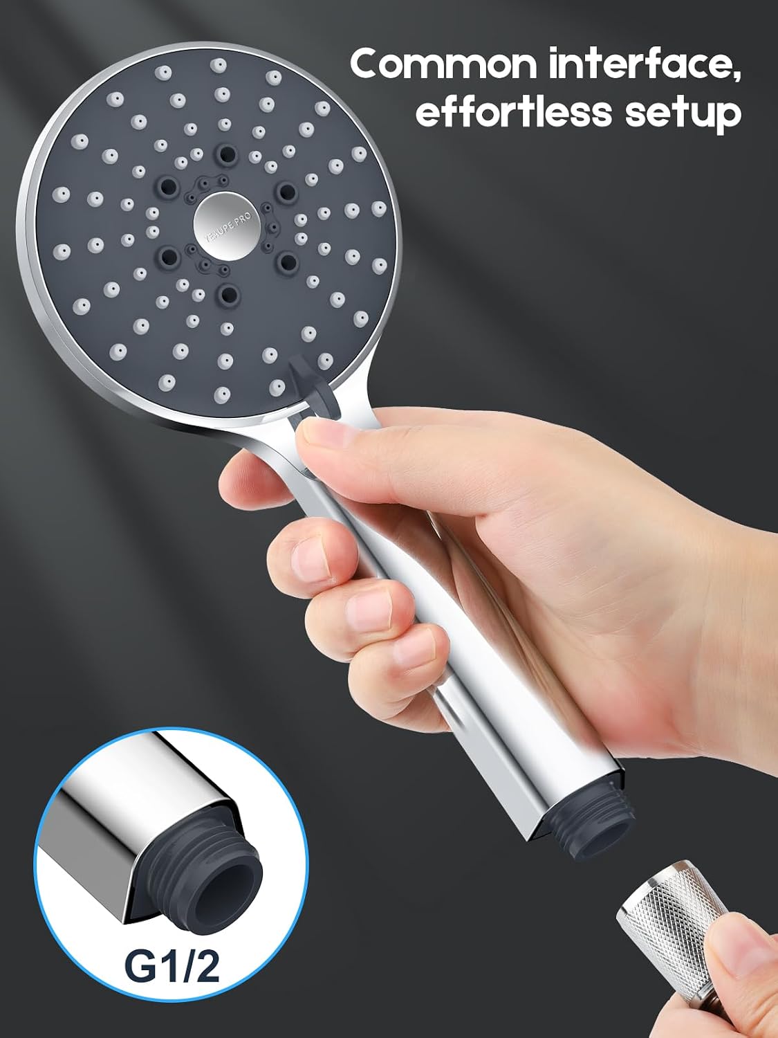 Detalle 2 de YEAUPE PRO Soffione Doccia con 6 tipi di getto, anticalcare e cromato (110 mm, attacco G1/2)