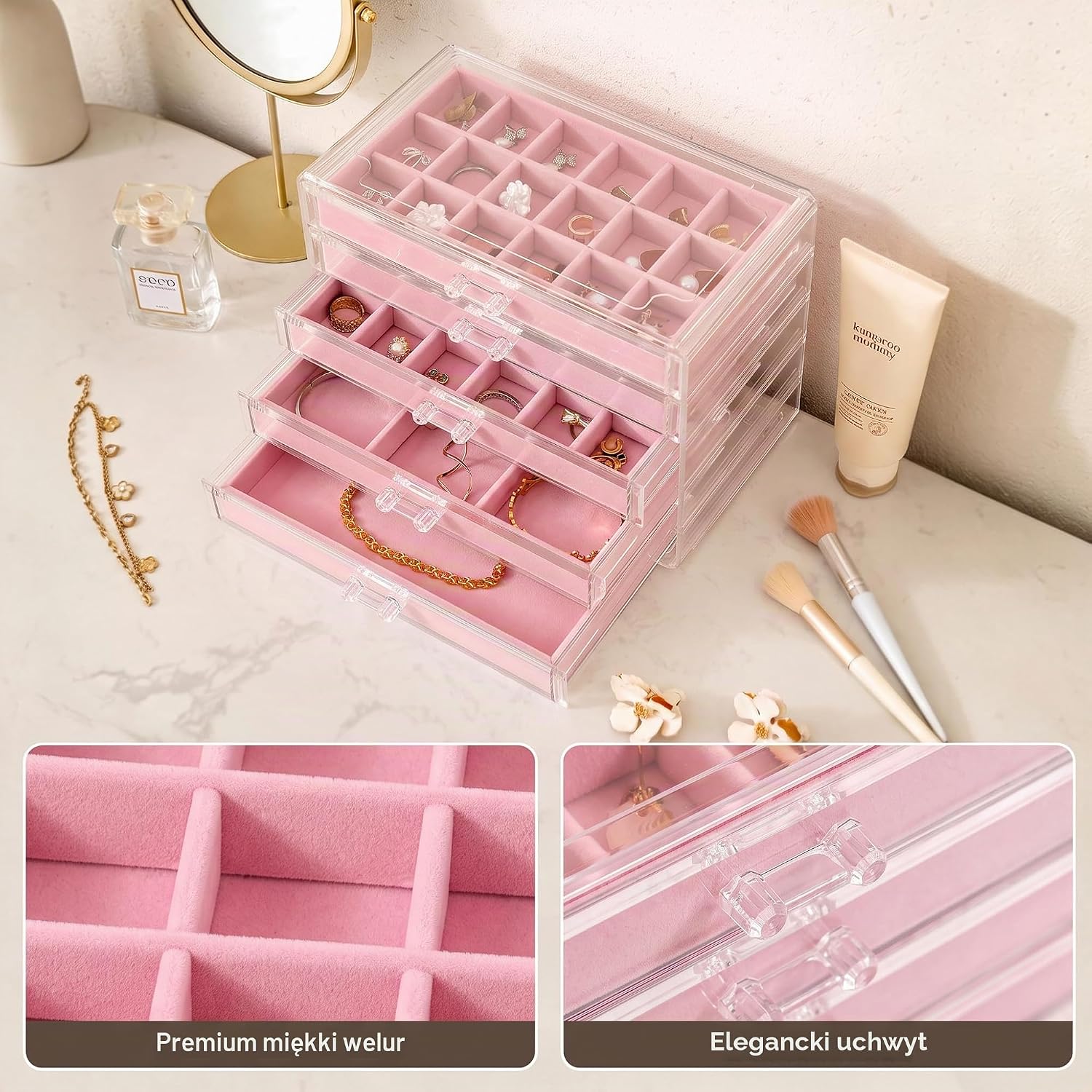 Detalle 2 de Frebeauty akrylowy organizer na biżuterię, 5 szuflad, różowy, aksamitne wkłady