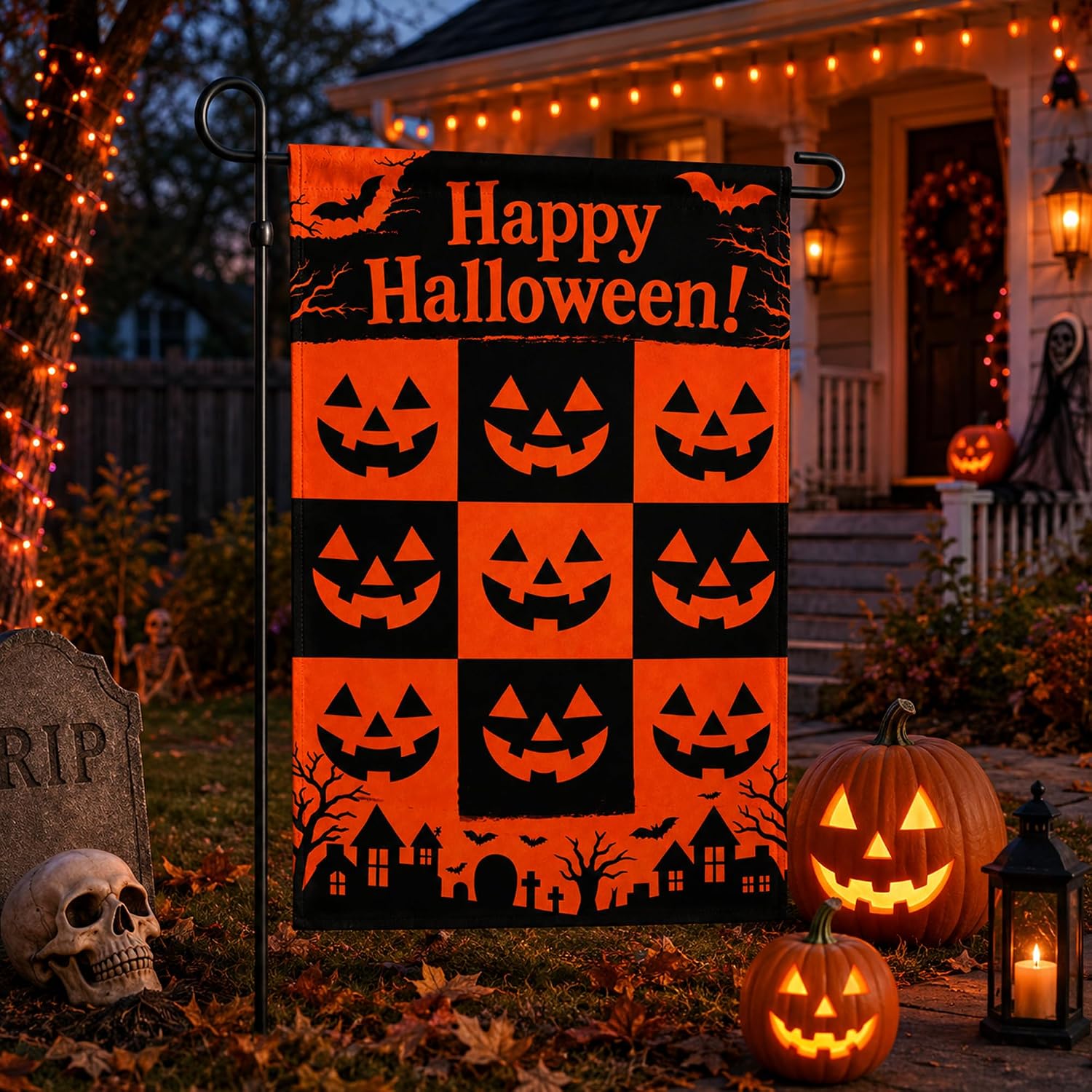 Detalle de OHOME Halloween Garden Flag, Double-Sided Polyester, Orange and Black, 18 x 12 in