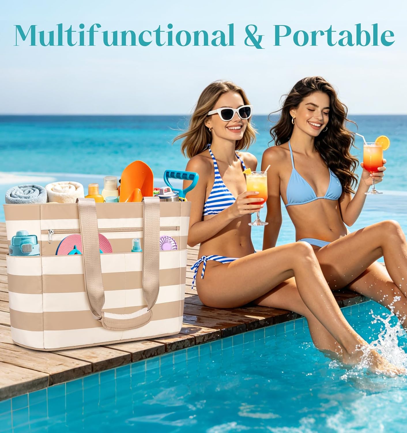 Detalle de ENONEO Bolsa de Playa Grande XXL con Cremallera 55L – Impermeable y Plegable, Ideal para Vacaciones en Familia