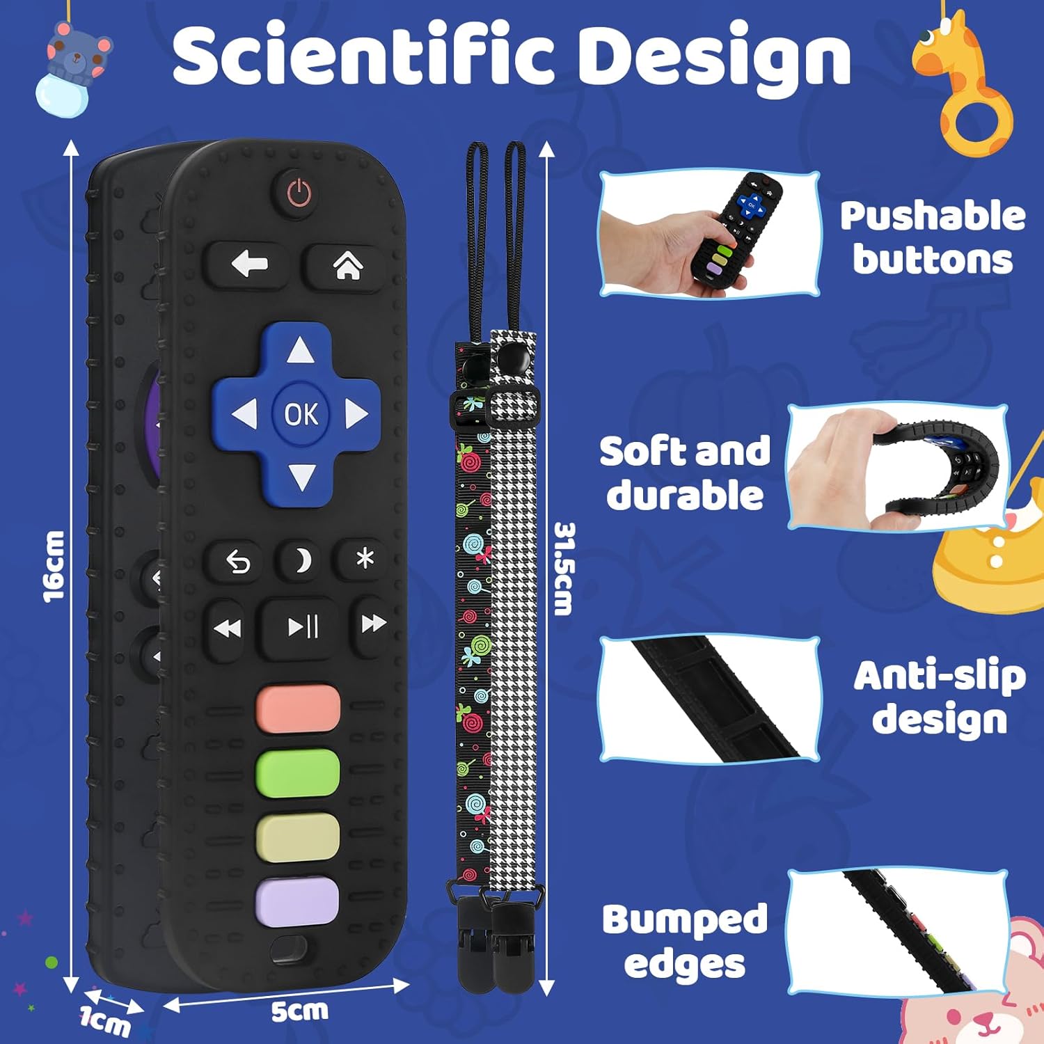 Detalle 2 de Zikenis Set da 2 massaggiagengive per neonati a forma di telecomando con catenella per ciuccio (0–12+ mesi) senza BPA