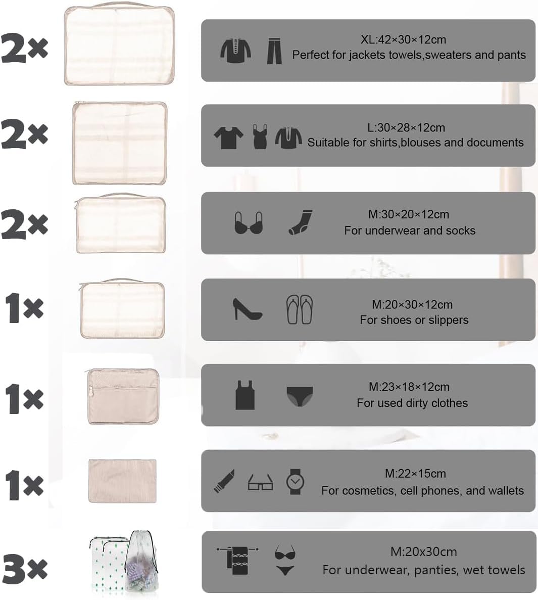 Detalle de 12 PCS Large Packing Cubes for Suitcases – Multisize Travel Organiser Set (Beige)