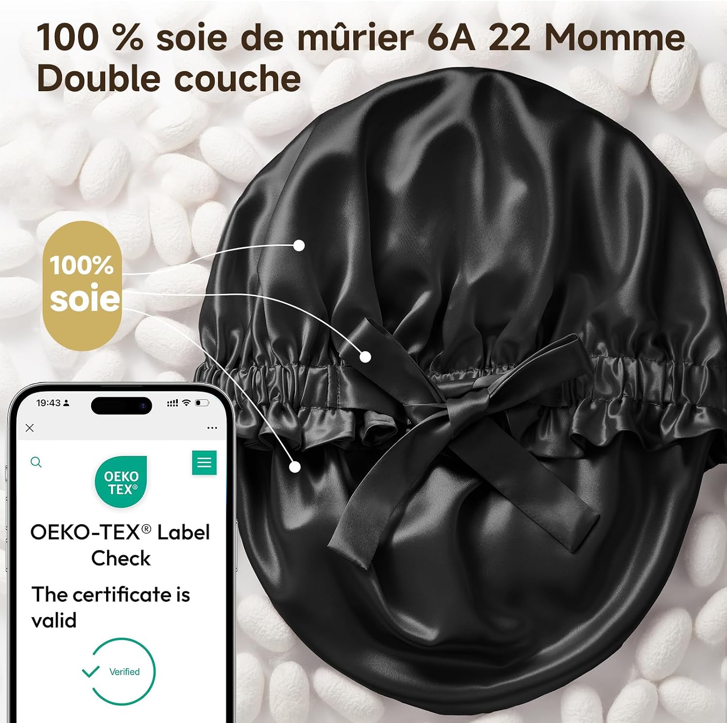 Detalle de Umisleep 22 Momme Maulbeerseide Seidenhaube zum Schlafen – Doppellagig, verstellbares Band, Schwarz