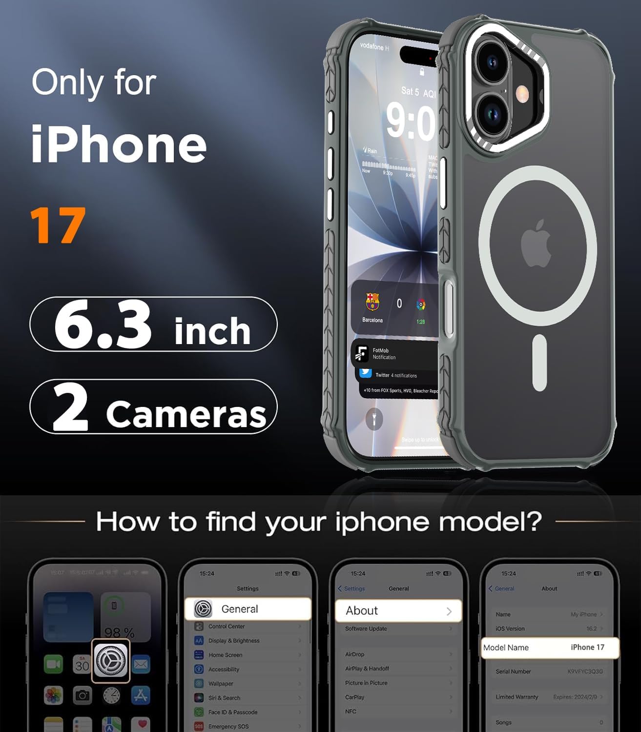 Detalle de DEERLAMN Strong Magnetic Case for iPhone 17 6.3-Inch (Frosted Gray) with Military Grade Drop Protection