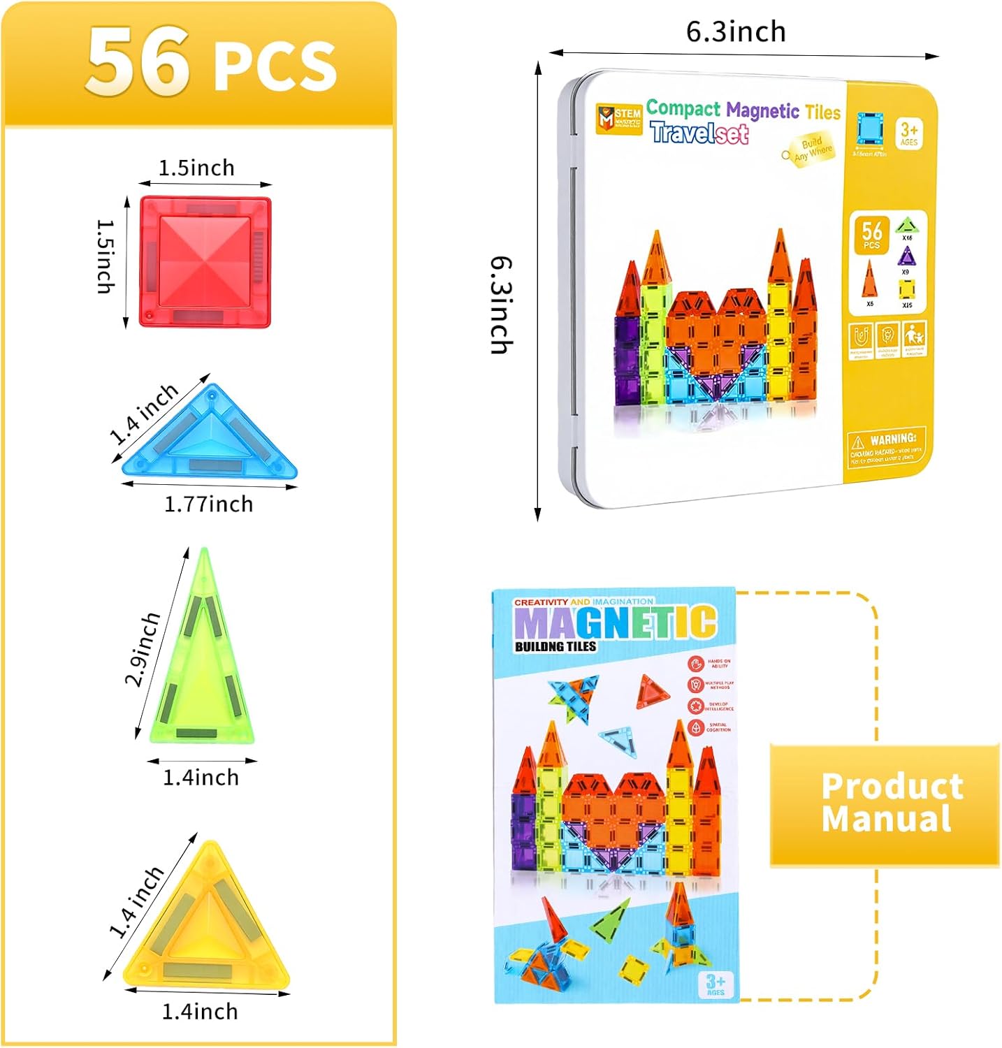 Detalle 2 de MEESHEEP 56PCS Mini Magnetic Tiles with Tin – Travel-Ready Educational Building Set