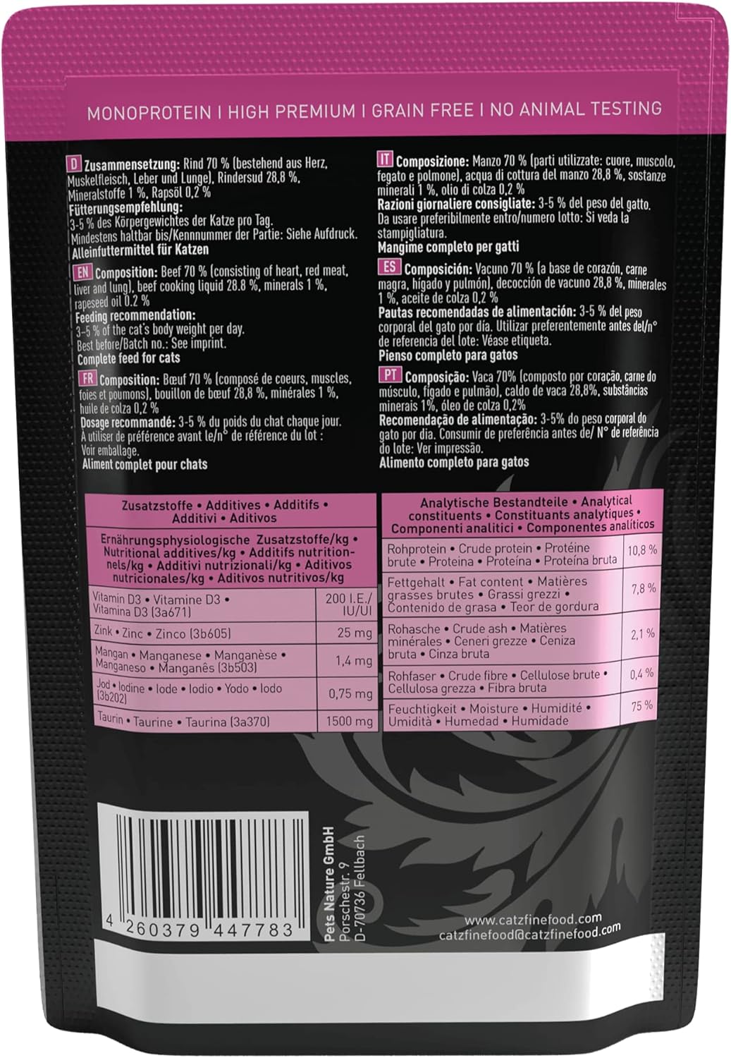 Detalle 2 de catz finefood Purrrr Rind Monoprotein Katzenfutter nass N°119 – 70% Fleischanteil, ernährungssensible Katzen, 16 x 85 g
