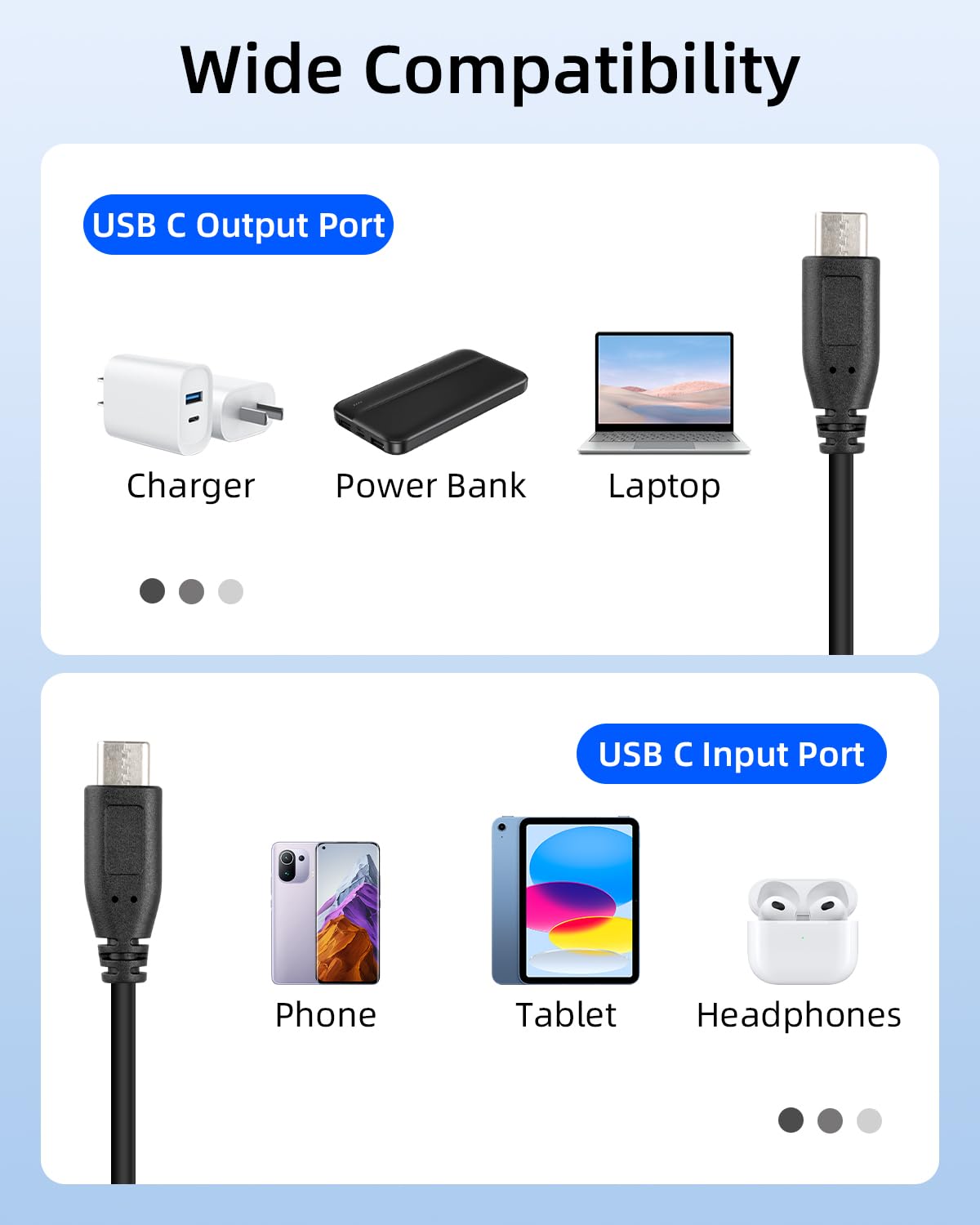 Detalle de RIIEYOCA USB-C Multi Charging Cable 30cm (2 Pack) – 3x USB-C Charging Ports, 5V/3A