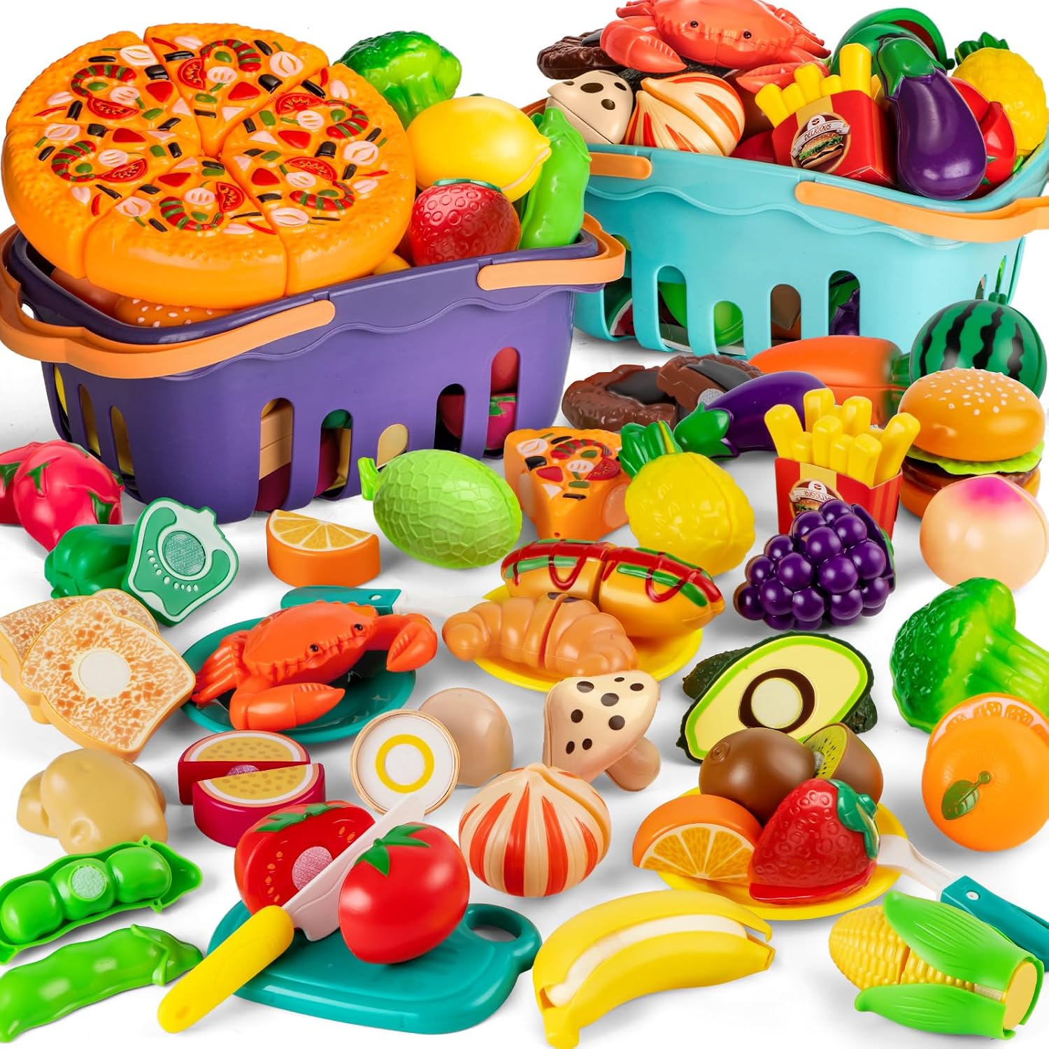 Thumbnail 6 de Cutting Play Food Toys for Kids — 28-Piece Pretend Kitchen Set with Basket, Board, and Plastic Knife