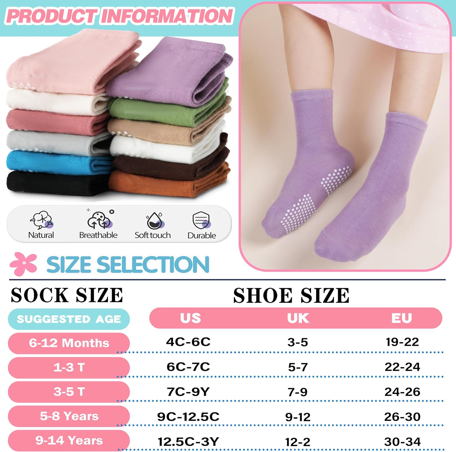 Detalle 2 de Welwoos 12 Pairs Non-slip Baby Socks