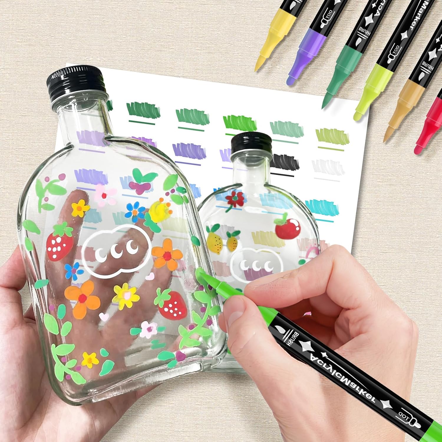 Thumbnail 5 de Dictien 24 Colori Pennarelli Acrilici Doppia Punta | Set Doppia Punta 3 mm + Pennello 1–5 mm perSuperficie Vetro, Pietra, Legno, Tessuti