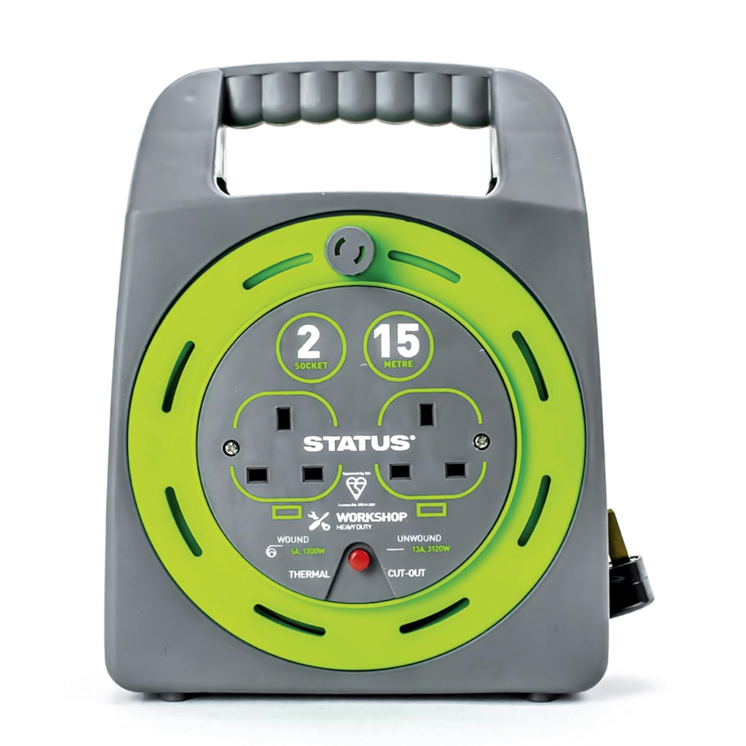 STATUS 2 Socket Cable Reel 15m Green Extension Lead