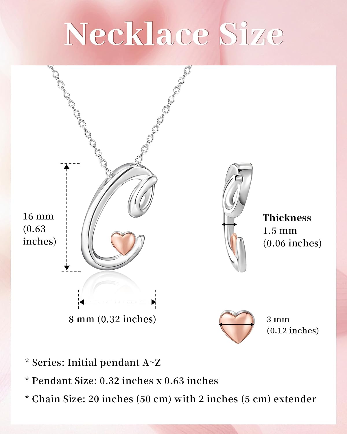 Detalle 2 de Mesovor Collier avec initiale en argent et cœur en or rose pour femme (pendentif lettre) — chaîne d’environ 50 cm