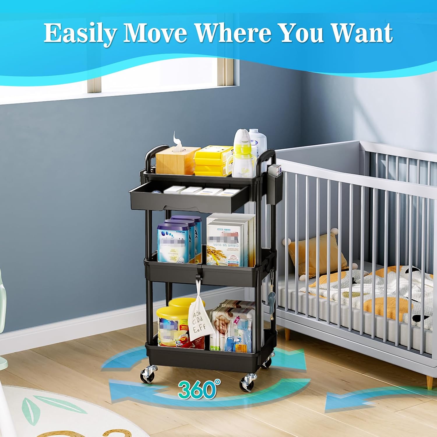 Detalle 1 de SUNALLY SN-UC03B 3-Tier Rolling Cart with Drawer, Hooks and Locking Wheels