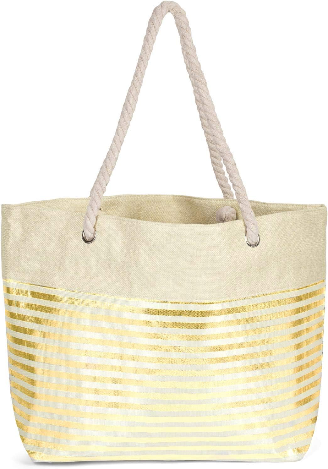 Detalle de styleBREAKER Borsa da spiaggia XXL con stampa a righe metalliche e cerniera – Beige-Oro