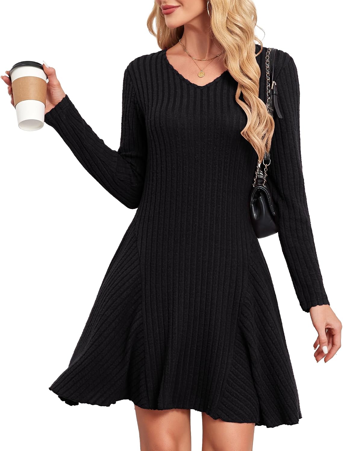 Detalle de SENBATU Robe tricotée pour femmes – robe d’automne élégante à manches longues et col en V