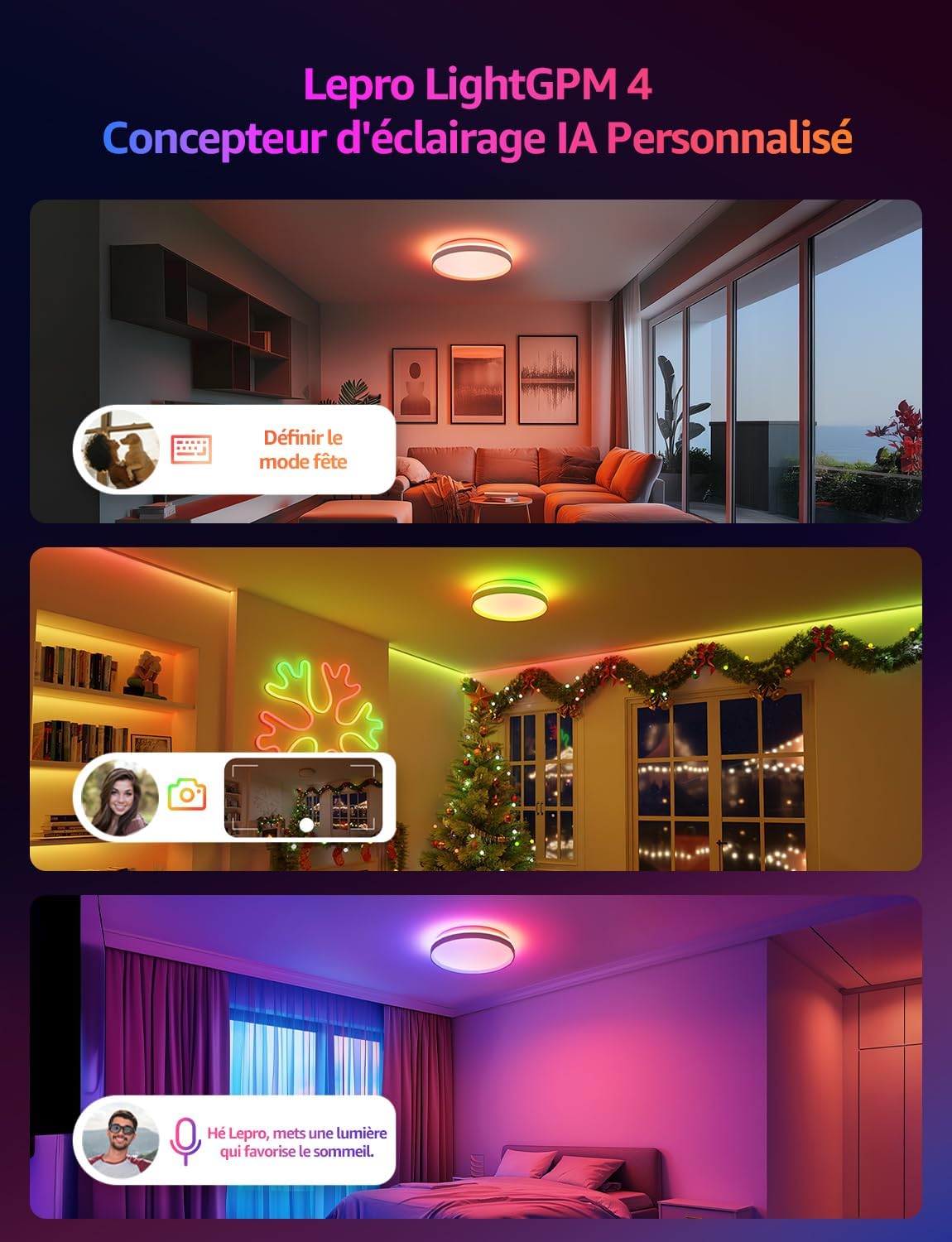 Detalle de Lepro T1 IA plafonnier LED connecté Wi‑Fi/Bluetooth 24W, IP44, RGB+CCT (φ29 cm)