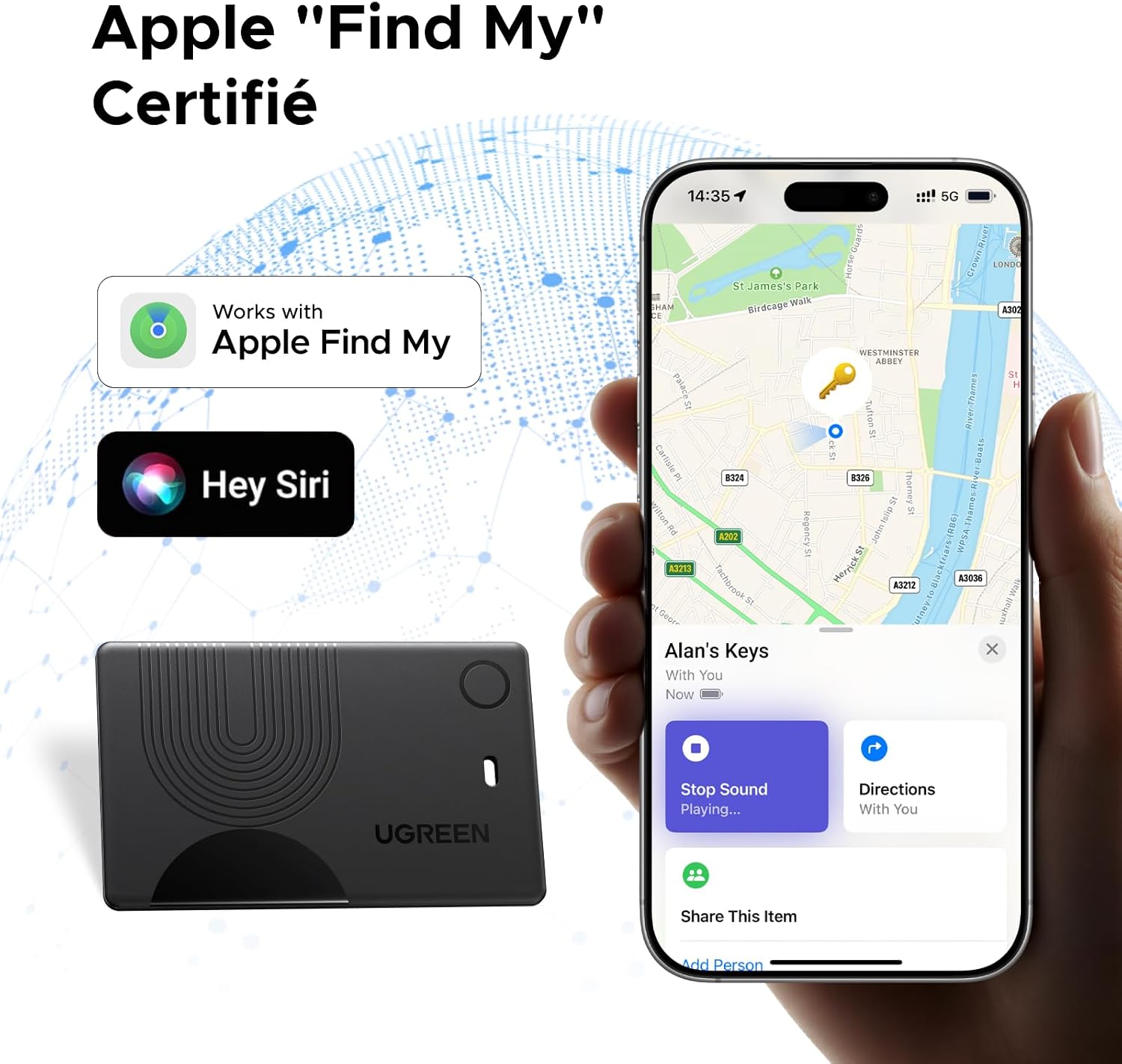 Detalle 2 de UGREEN FineTrack Slim Wallet Tracker voor iOS, IP68 en 100 dB