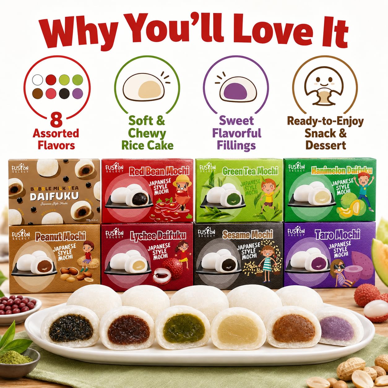 Detalle de Fusion Select Japanese Mochi 8-Flavor Variety Pack, Sweet-Filled Assortment
