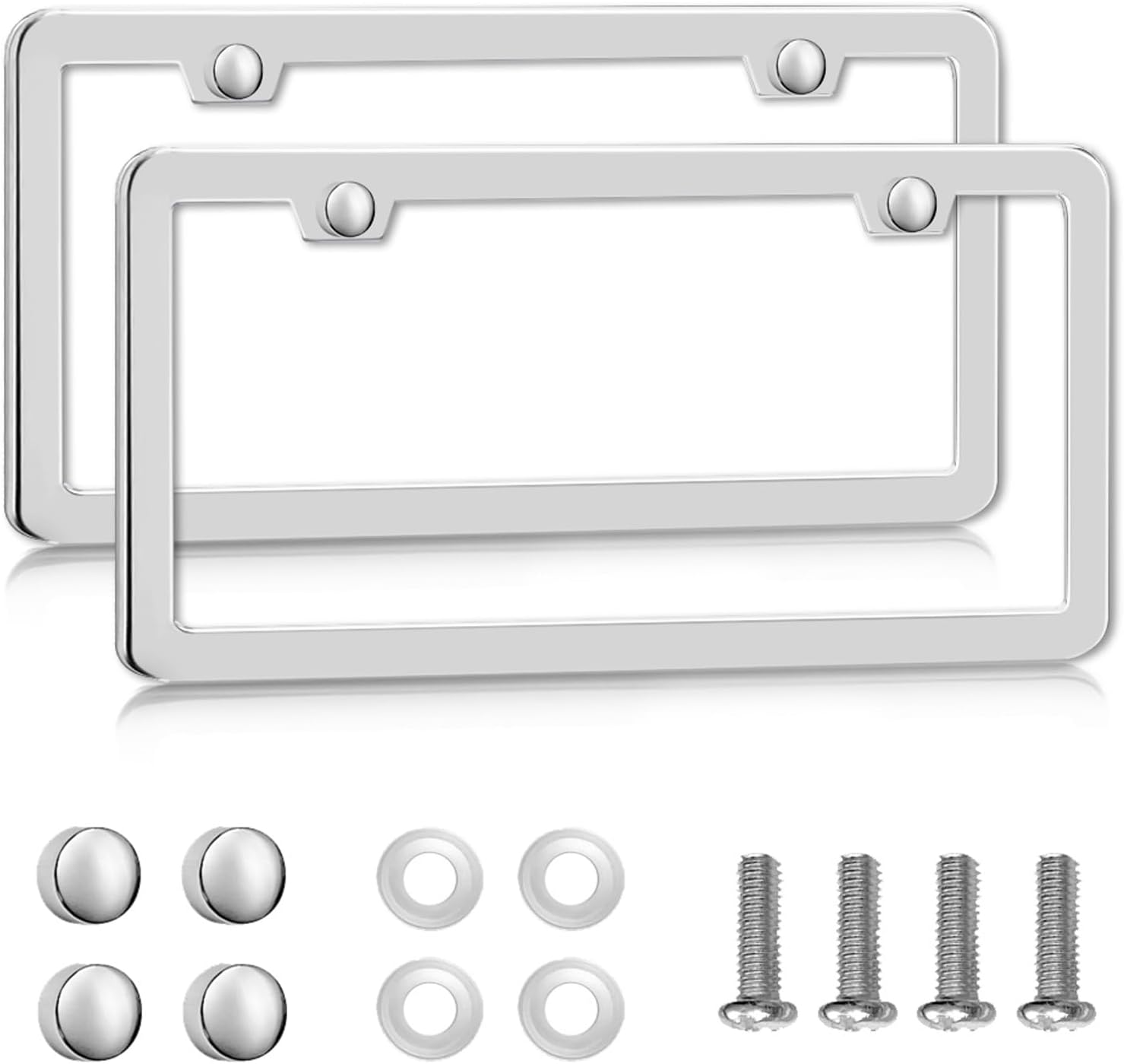 Detalle de lengnoyp Solid Silver 2-Hole Stainless Steel License Plate Frames (2 Pack) with Screws & Chrome Caps