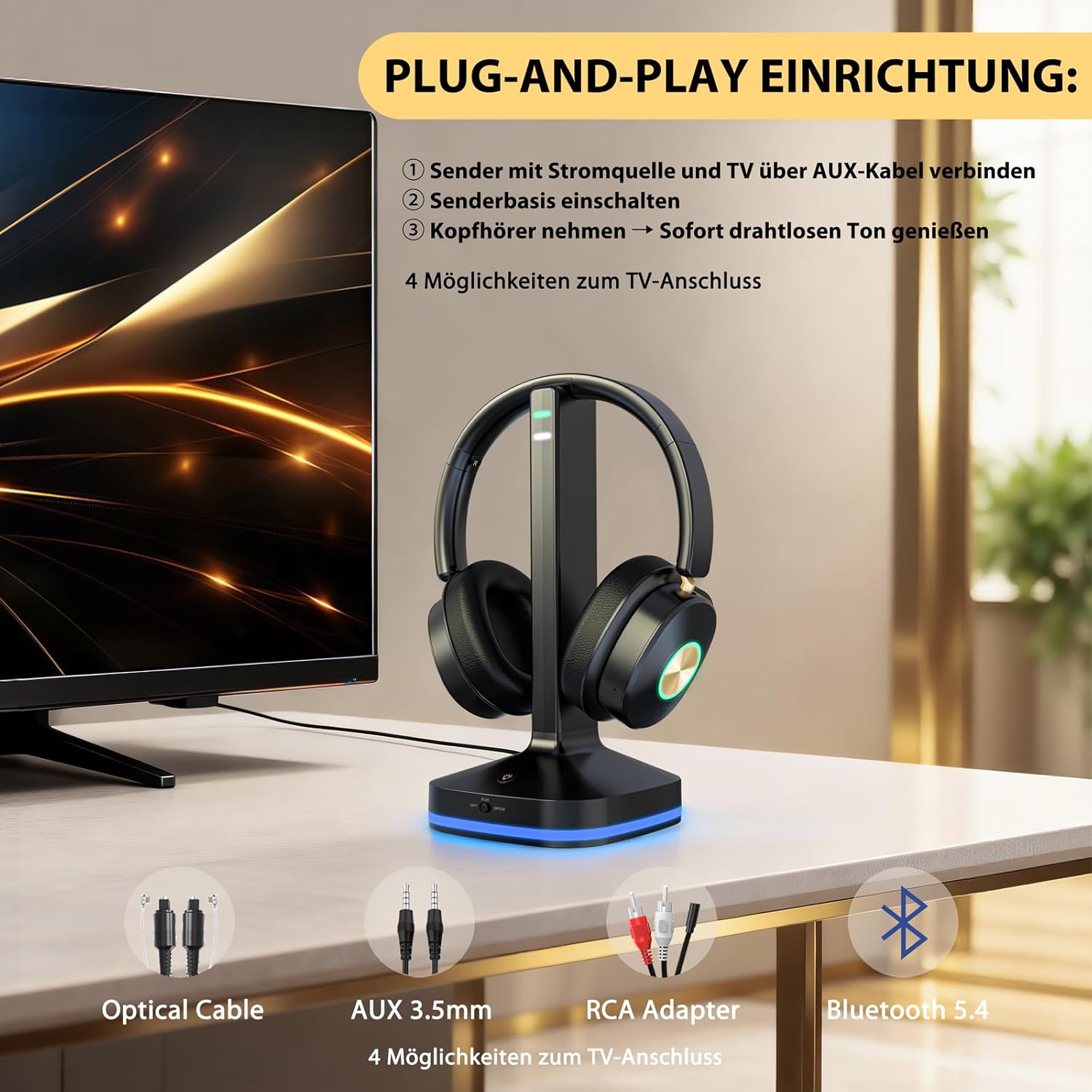 Detalle de Earbay Funkkopfhörer für Fernseher – kabelloser TV-Kopfhörer mit Ladestation, Bluetooth 5.4, 40 h Akkulaufzeit