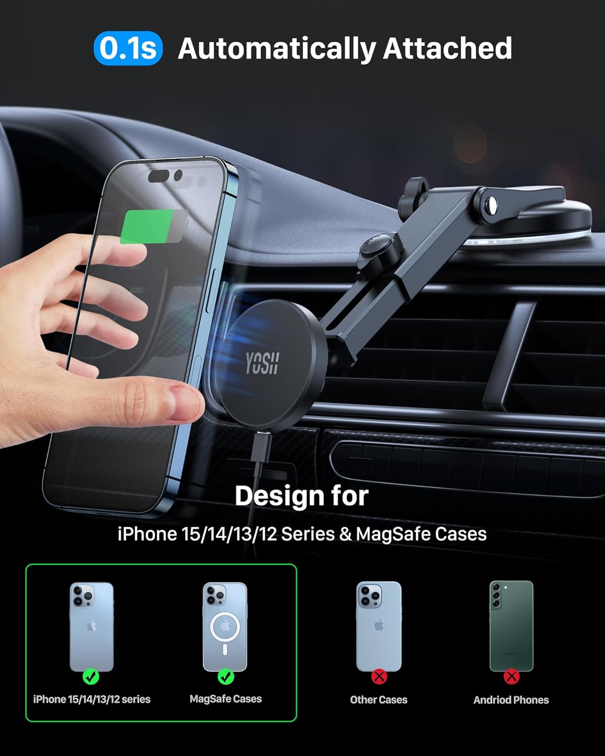 Thumbnail 4 de YOSH MagSafe Car Charger Mount Dashboard with 36W Car Adapter (Magnetic iPhone Wireless Charging)