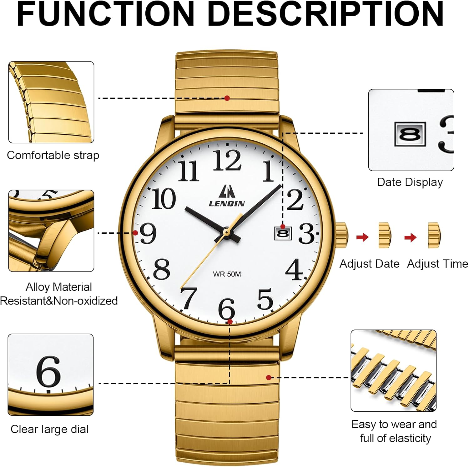 Thumbnail 6 de LN LENQIN men’s 38 mm analog quartz watch with stainless steel expansion strap (water-resistant, easy-read dial)