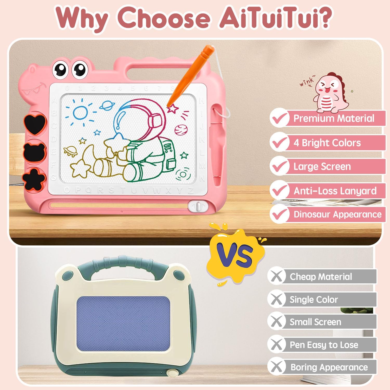 Thumbnail 5 de AiTuiTui Lavagnetta magnetica cancellabile a tema dinosauri, gioco educativo 3-5 anni (rosa) con 3 timbri e 1 penna