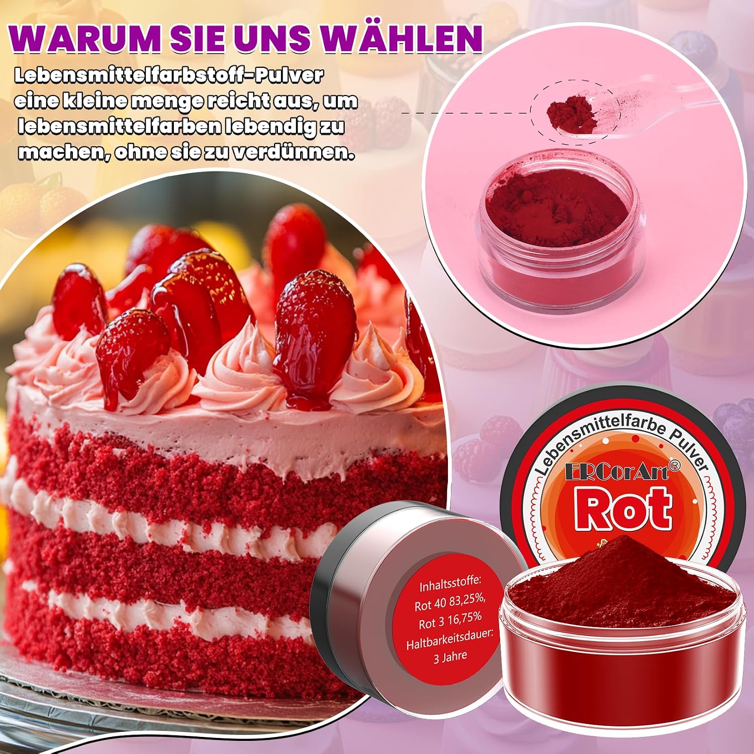 Detalle 2 de ERCorArt Lebensmittelfarbe Pulver – 8 Farben (5 g je Farbe), essbare Puderfarbe für Torten, Fondant, Macarons & mehr