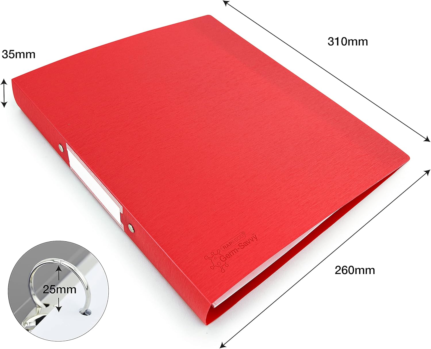 Detalle de Rapesco 1661 Ringbuch mit antibakteriellem Schutz, 2 Ringe, 35 mm Rücken, A4, Rot – 4er Pack