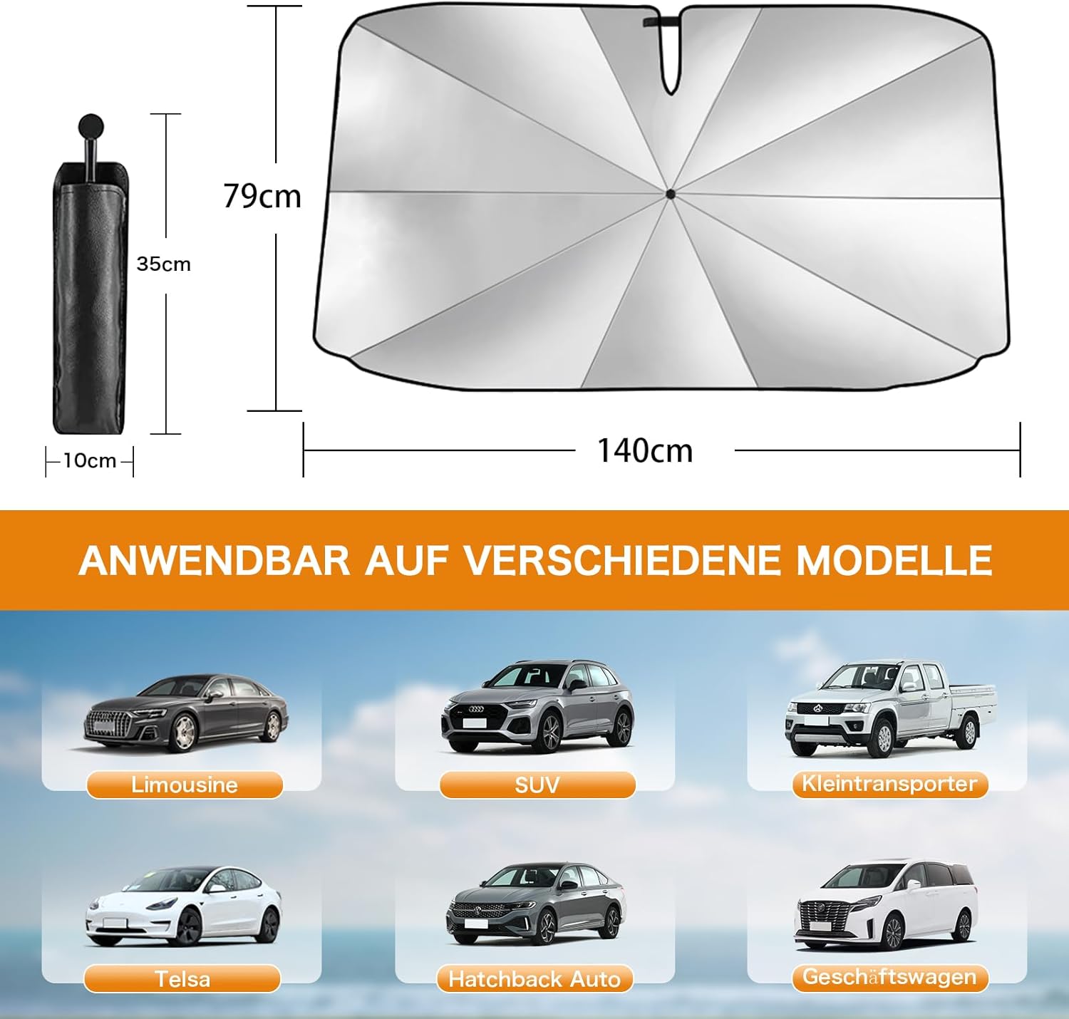 Detalle de Beshine Auto-Sonnenschutz 2026 – Drehbar & faltbar mit Carbonfaser-Skelett, 140 x 79 cm