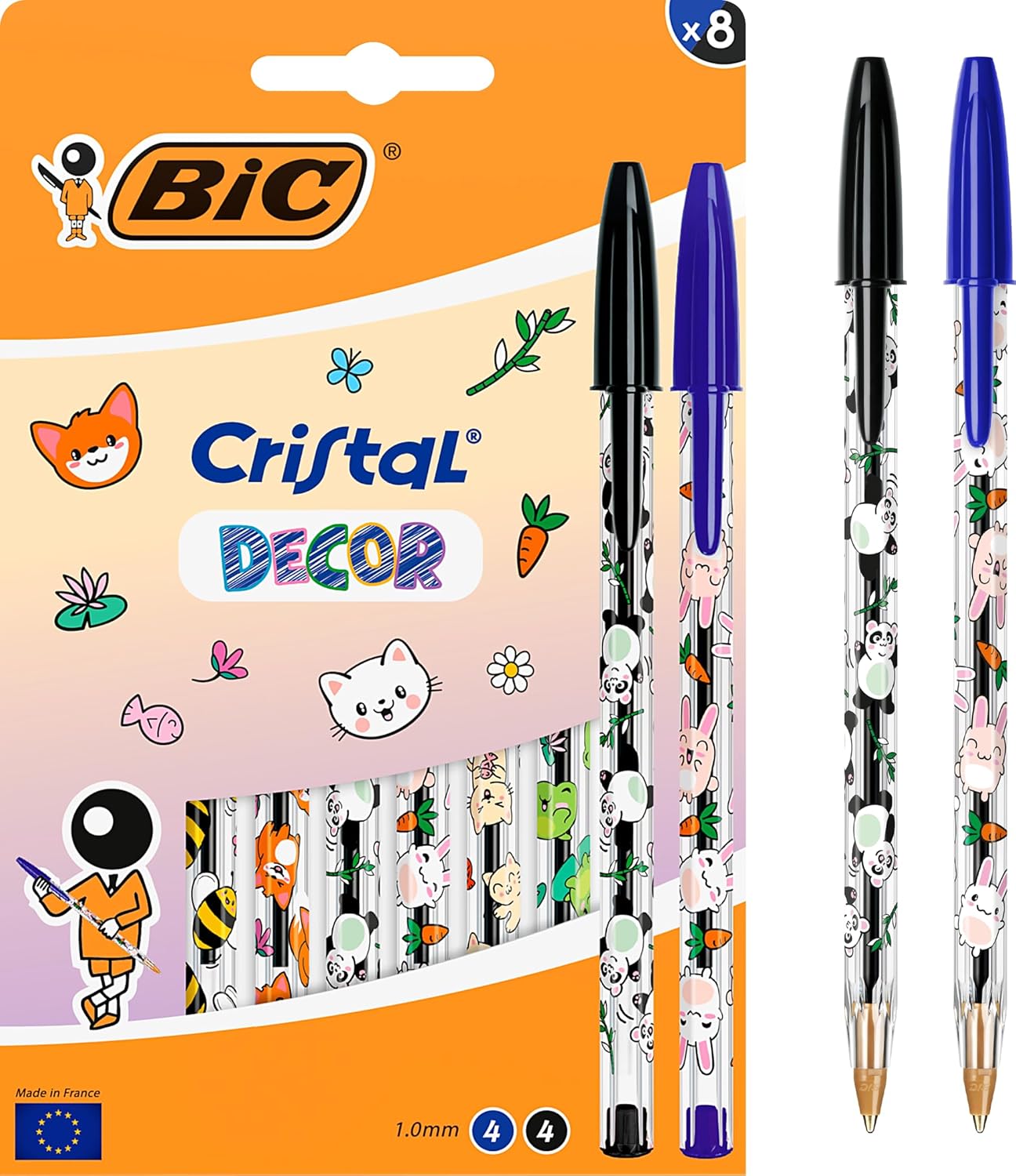 Penne a Sfera BIC Cristal Decors Kawaii 1 mm – 8 pezzi, blu e nero, disegni assortiti