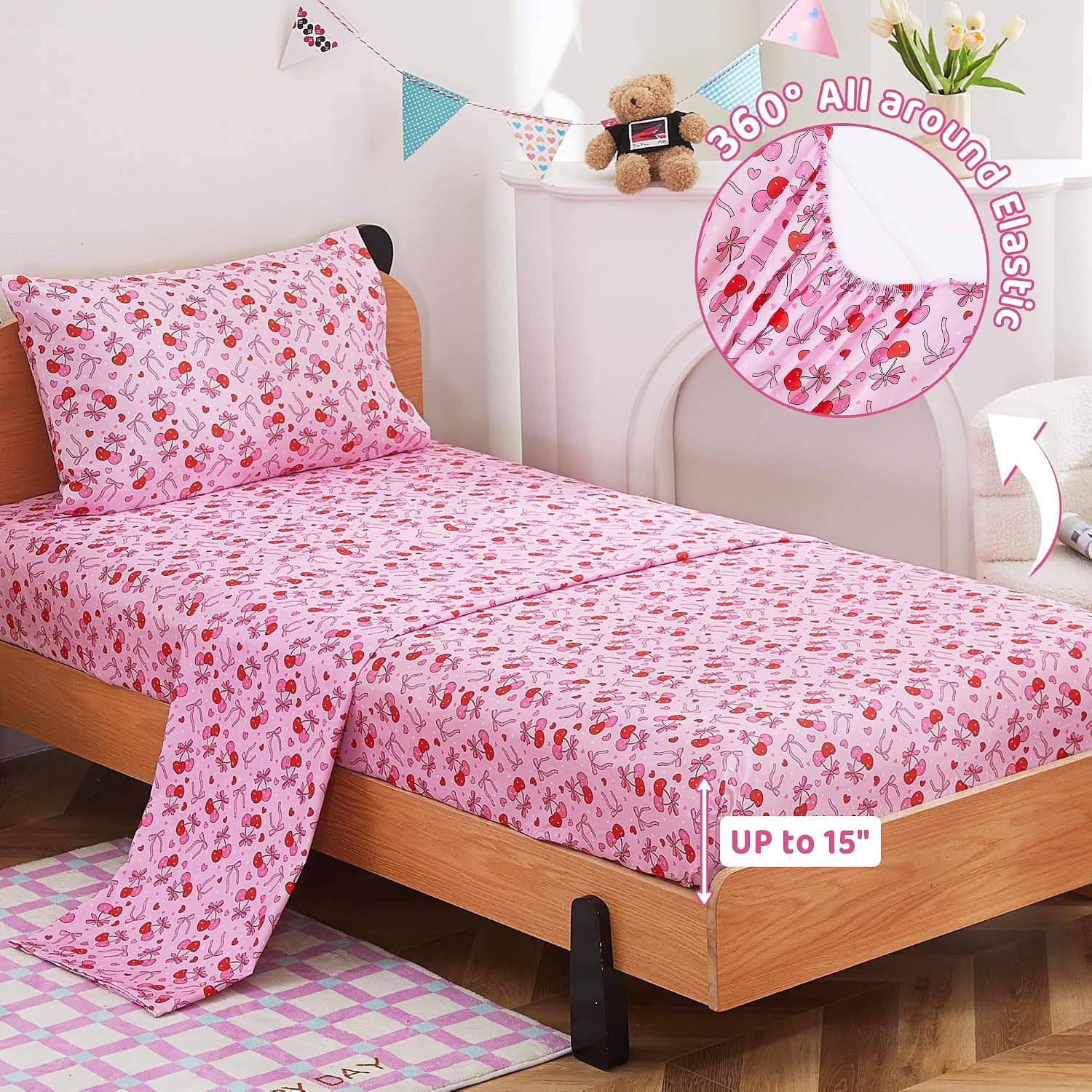 Thumbnail 5 de Viviland Full Sheet Set for Kids, Pink Cherry Bow Microfiber, 15-Inch Pocket