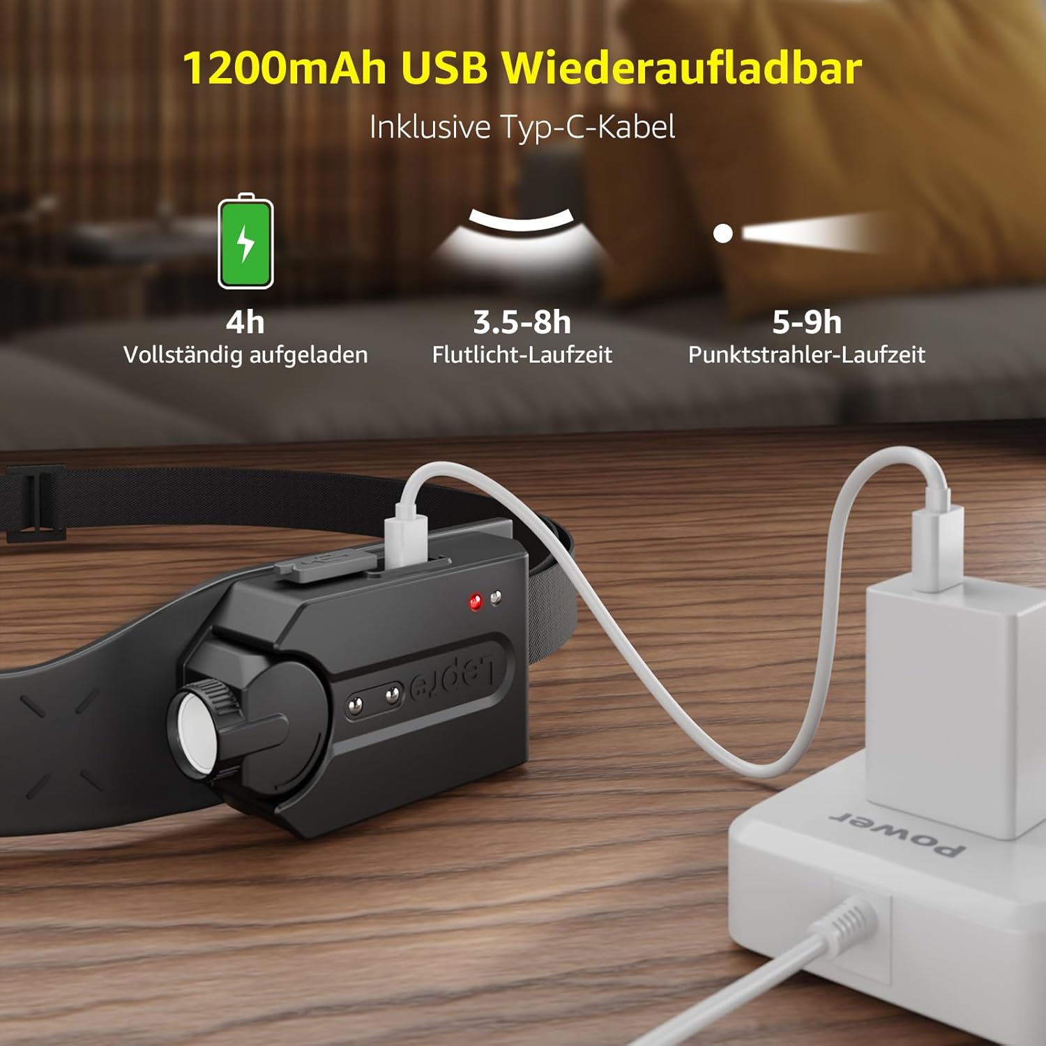 Thumbnail 6 de Lepro Stirnlampe LED wiederaufladbar „Superhell“ 350 Lumen, 5 Modi, IP44 – inkl. 2 Stück (USB‑C)