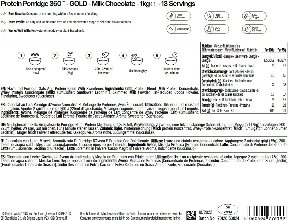 Detalle de Protein Works Protein Porridge 360 – GOLD Innovation (1 kg, Milchschokolade, 13 Portionen)