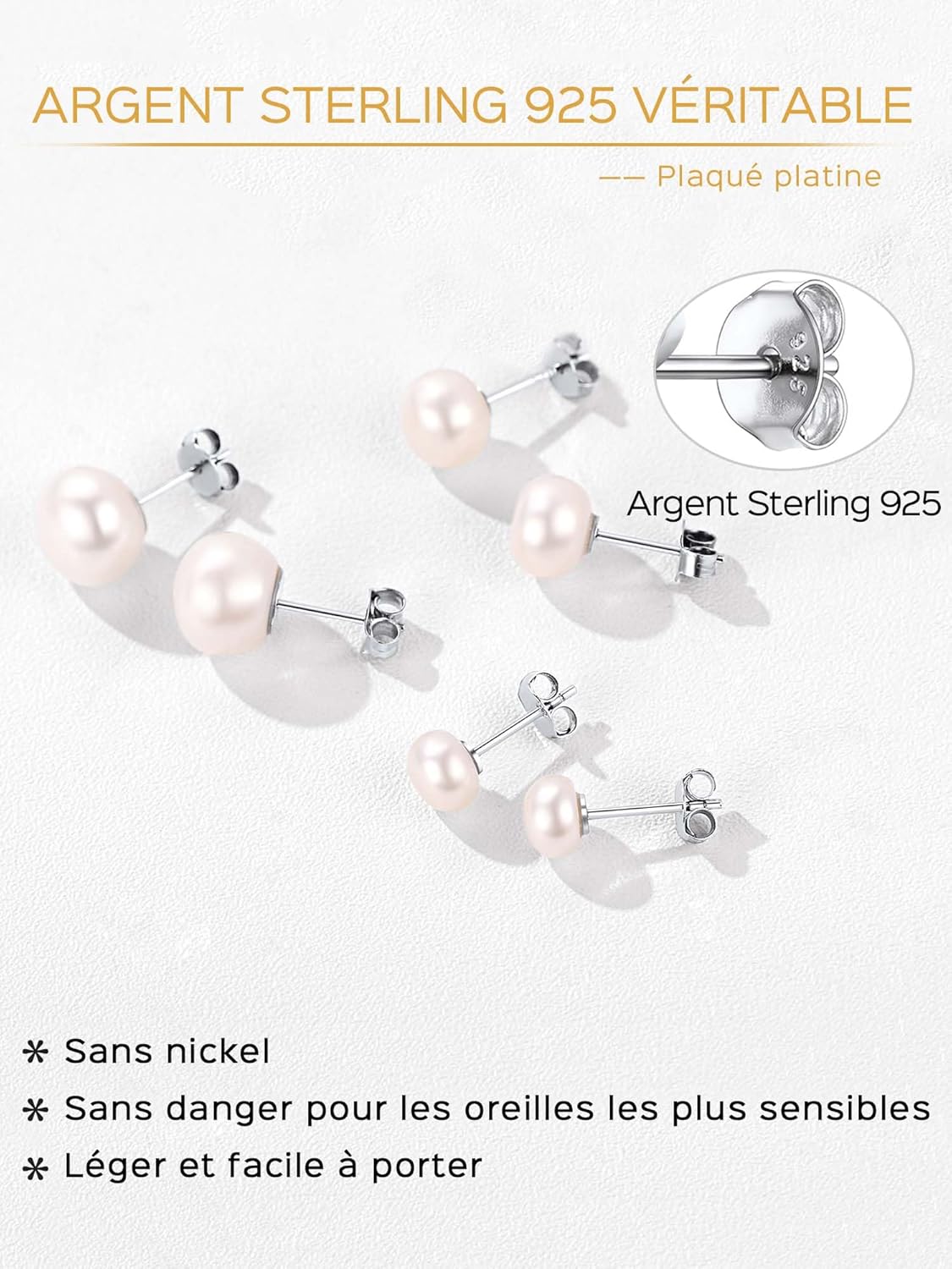 Thumbnail 2 de ChicSilver boucles d’oreilles perle de culture d’eau douce anti-allergique en argent 925 (lots de 3 paires, clous 6/8/10 mm)