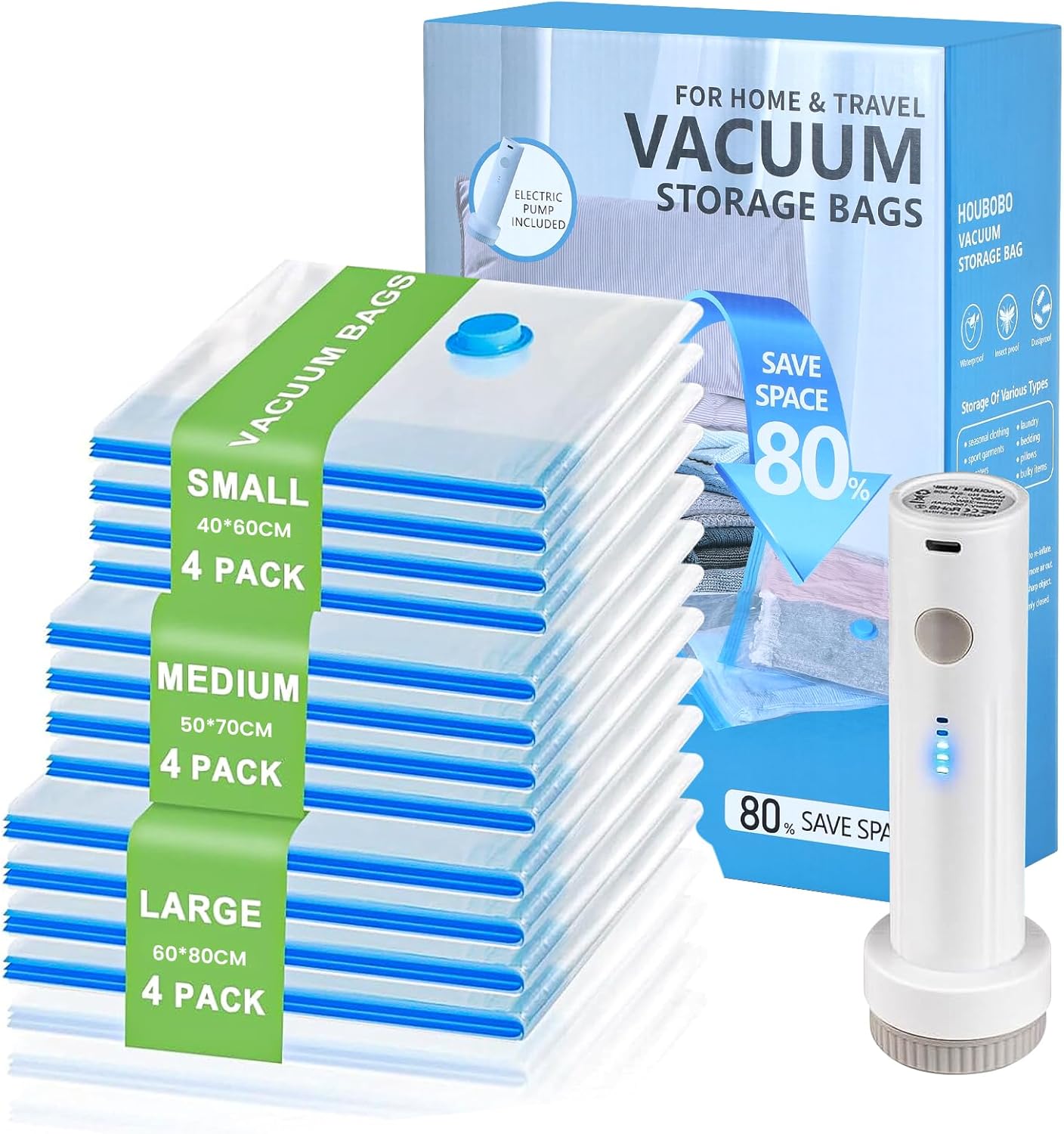 Detalle de 12 Pack Vacuum Storage Bags with Wireless Electric Pump – 3-Size Combo for Travel and Home