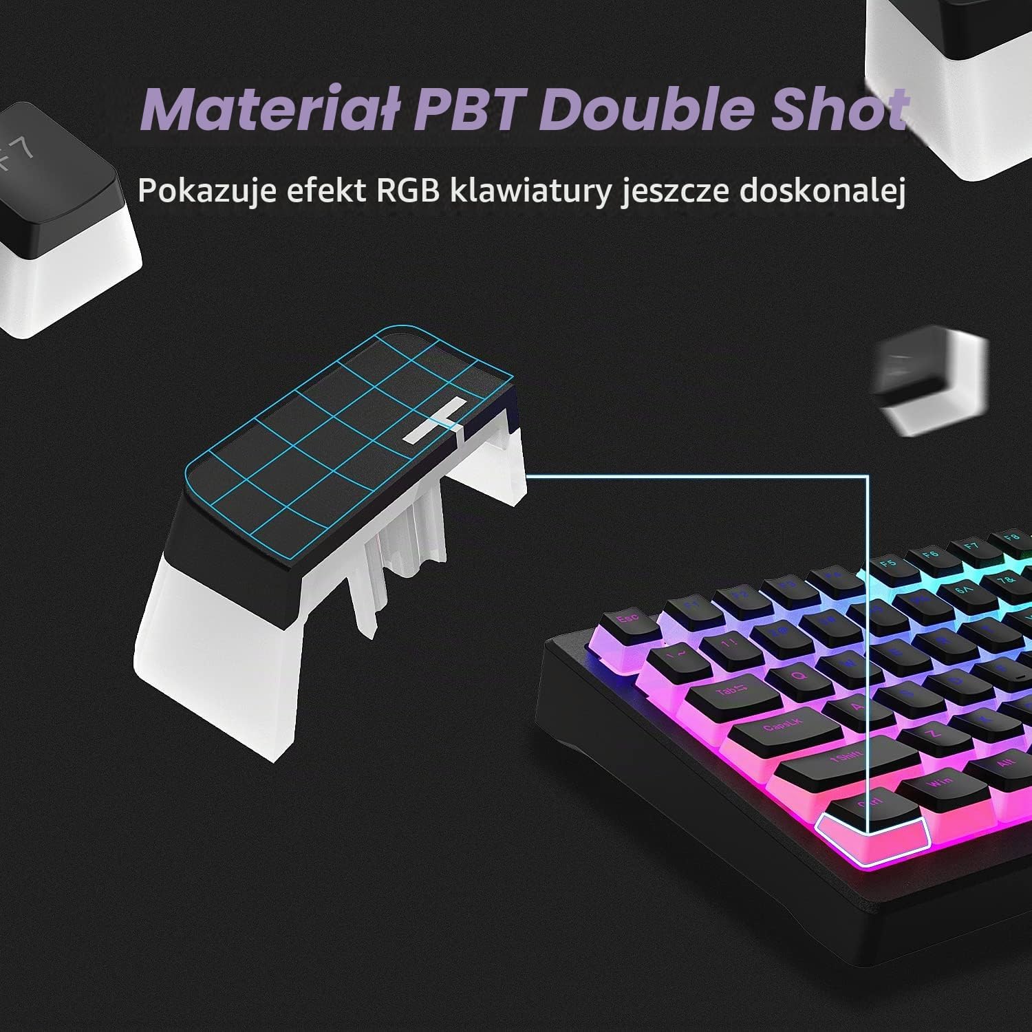 Detalle 2 de Womier Pudding – 165 czarnych nakładek PBT, profil OEM i efekt RGB