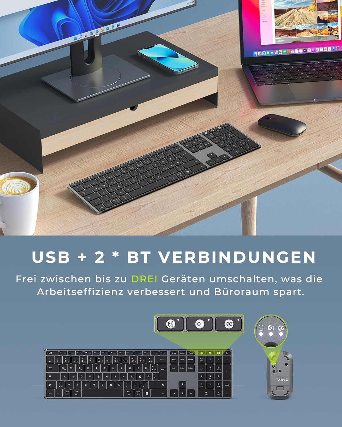 Thumbnail 1 de seenda SKM64-3 Bluetooth-Tastatur mit Maus-Set (kabellos) – 3 Geräte, QWERTZ, grau