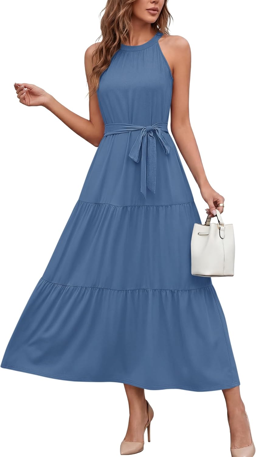 Thumbnail 6 de AUSELILY Damen Sommerkleid Lang Ärmellos Maxikleid Mit Taschen und Gürtel