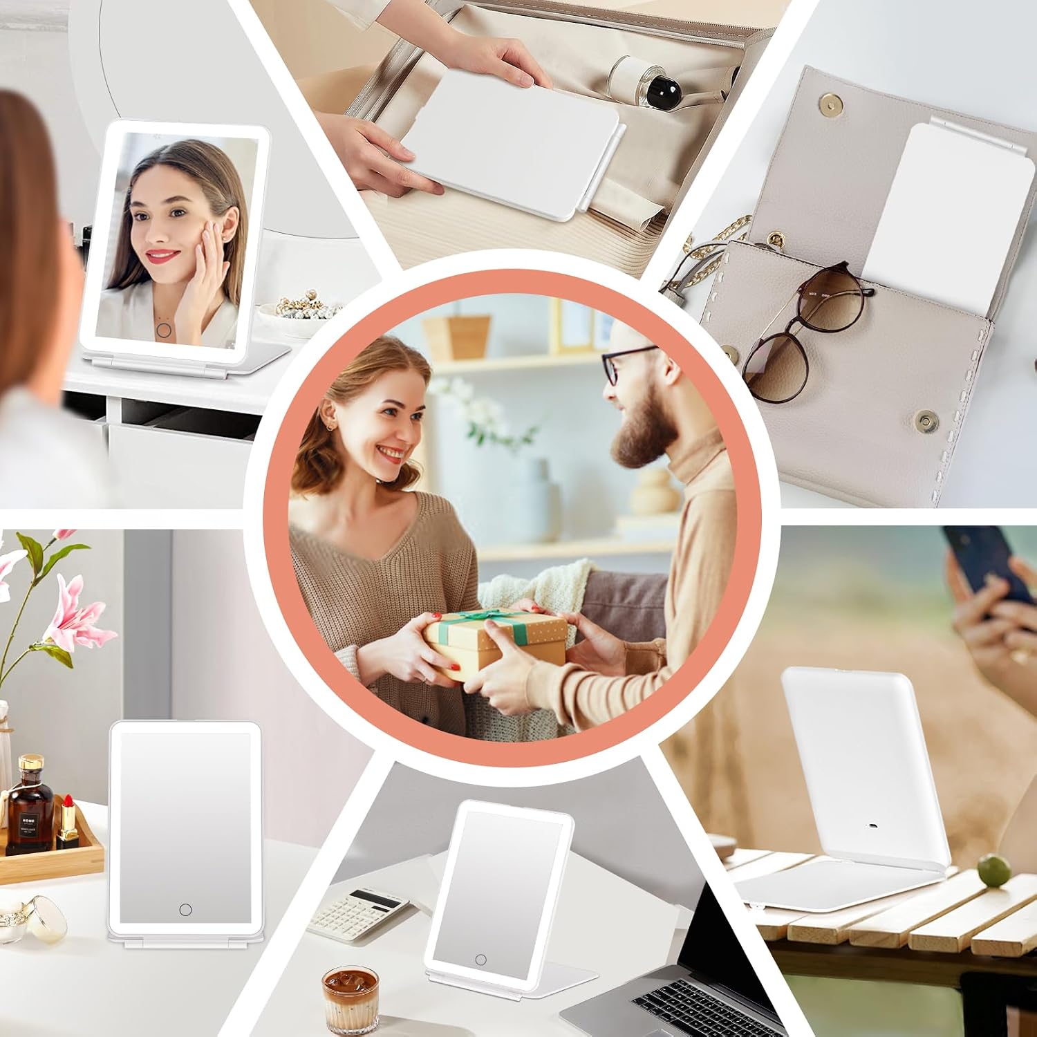 Detalle de FUNTOUCH Kosmetikspiegel mit Beleuchtung (2000 mAh) – faltbarer Reise-Make-up-Spiegel mit 3 Farblichtern