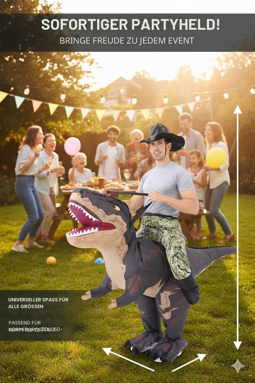Detalle de FUNFOCUS aufblasbares Dino-Kostüm für Erwachsene (Ganzkörper) – Luft-Dinosaurier für Fasching, Halloween & Party