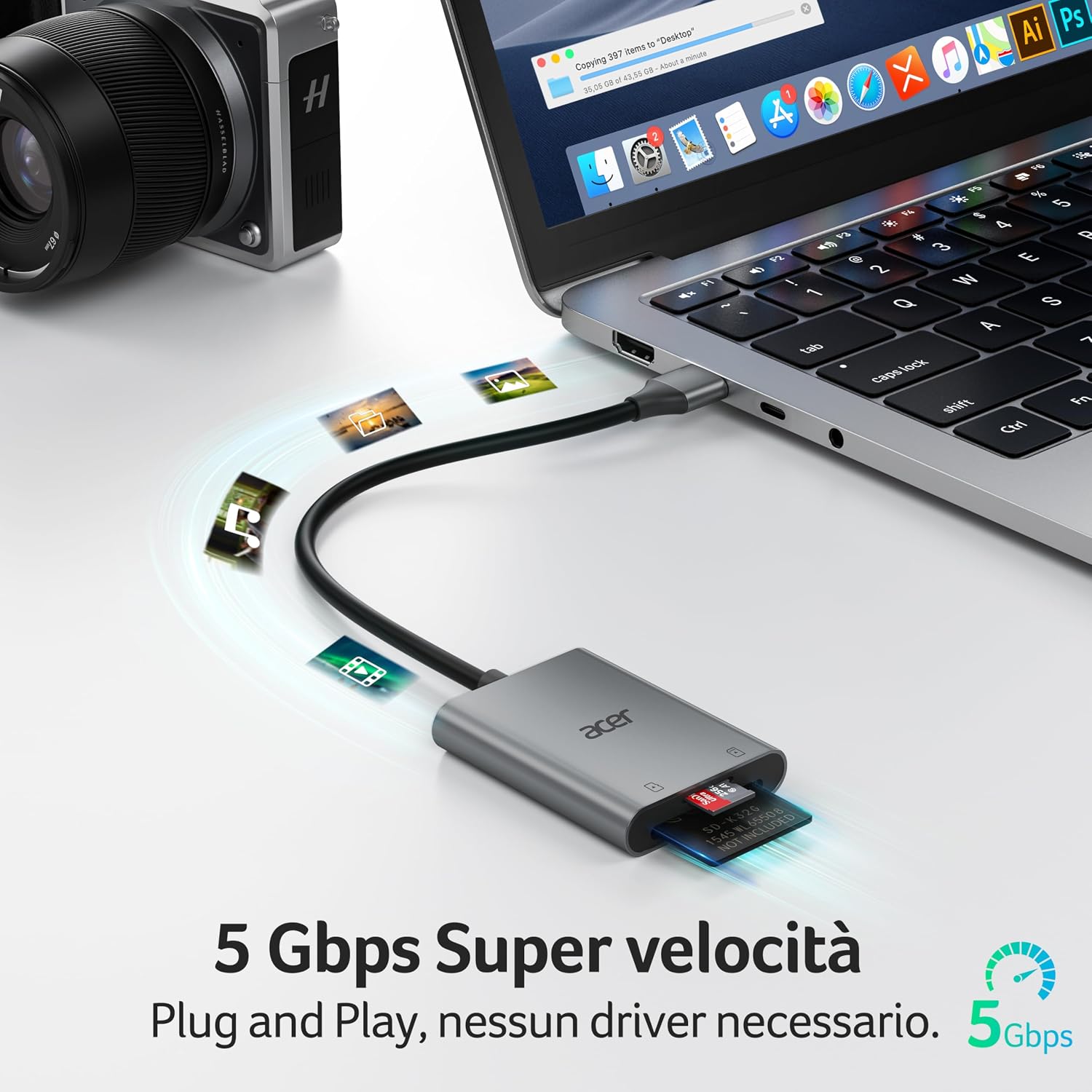 Detalle 2 de Lettore di schede SD USB 3.0 con cavo Acer: lettura simultanea SD e microSD in alluminio, fino a 2 TB