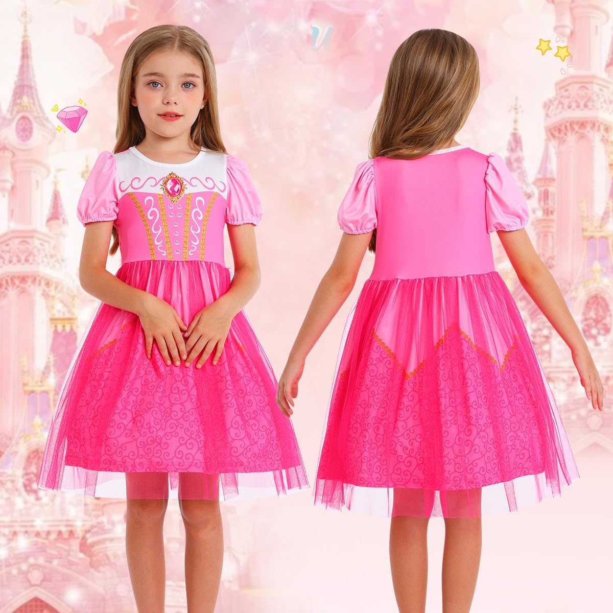 Detalle 2 de Benylion Princess Dress for Girls, Tulle Skirt, Puff Sleeves and Printed Details