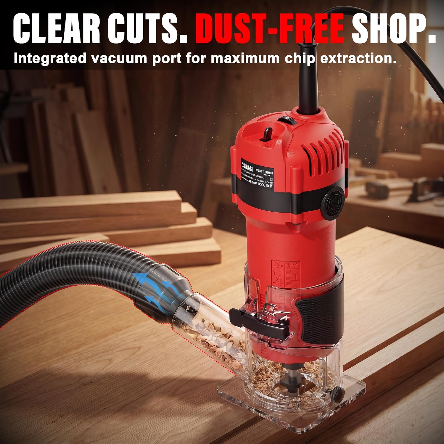 Detalle de TEENO Compact Wood Router, 1.25 HP, 6-Speed, 15-Piece Bit Kit