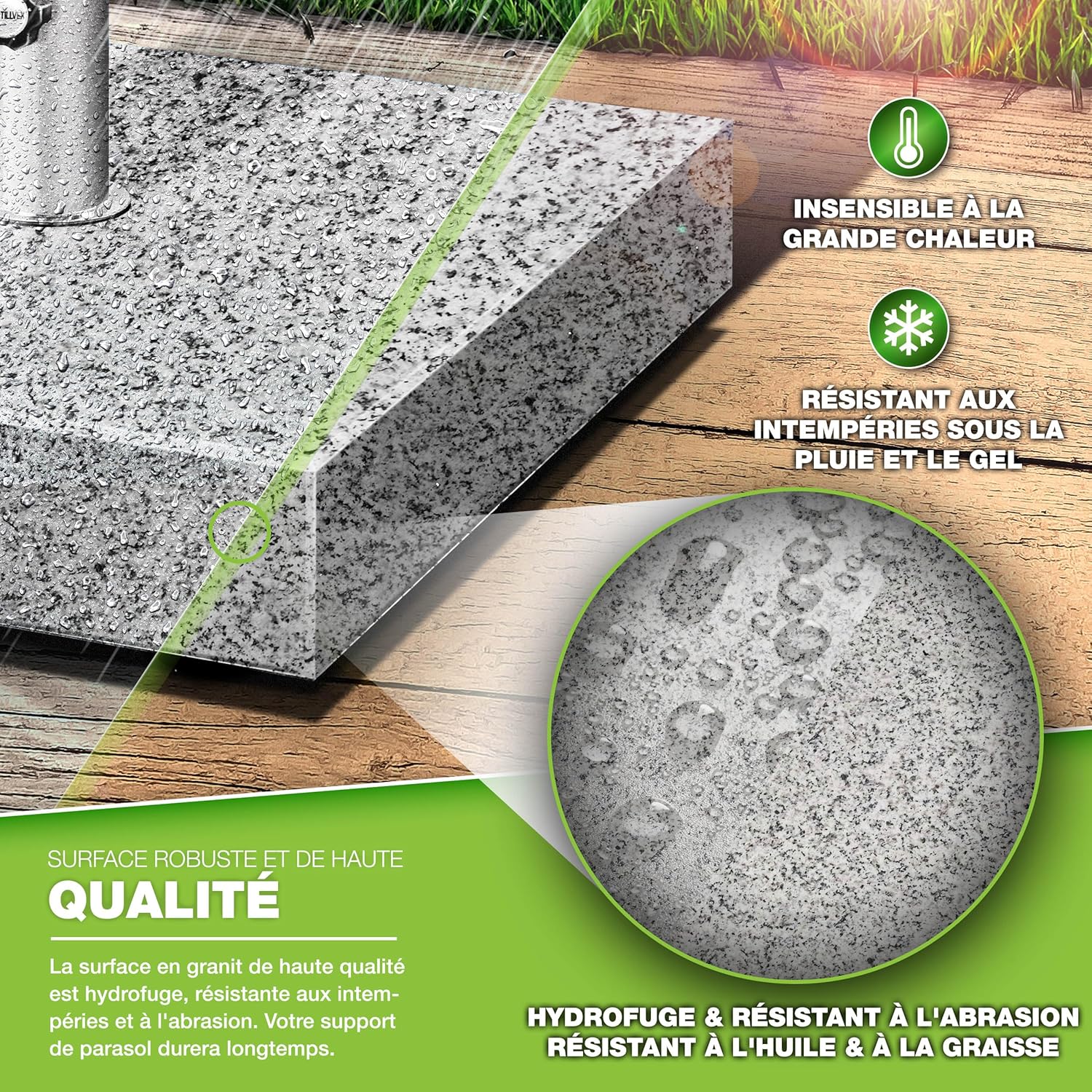 Thumbnail 2 de tillvex Pied de Parasol Angulaire en Granit avec Roulettes et Tube en Acier Inoxydable – 27 kg