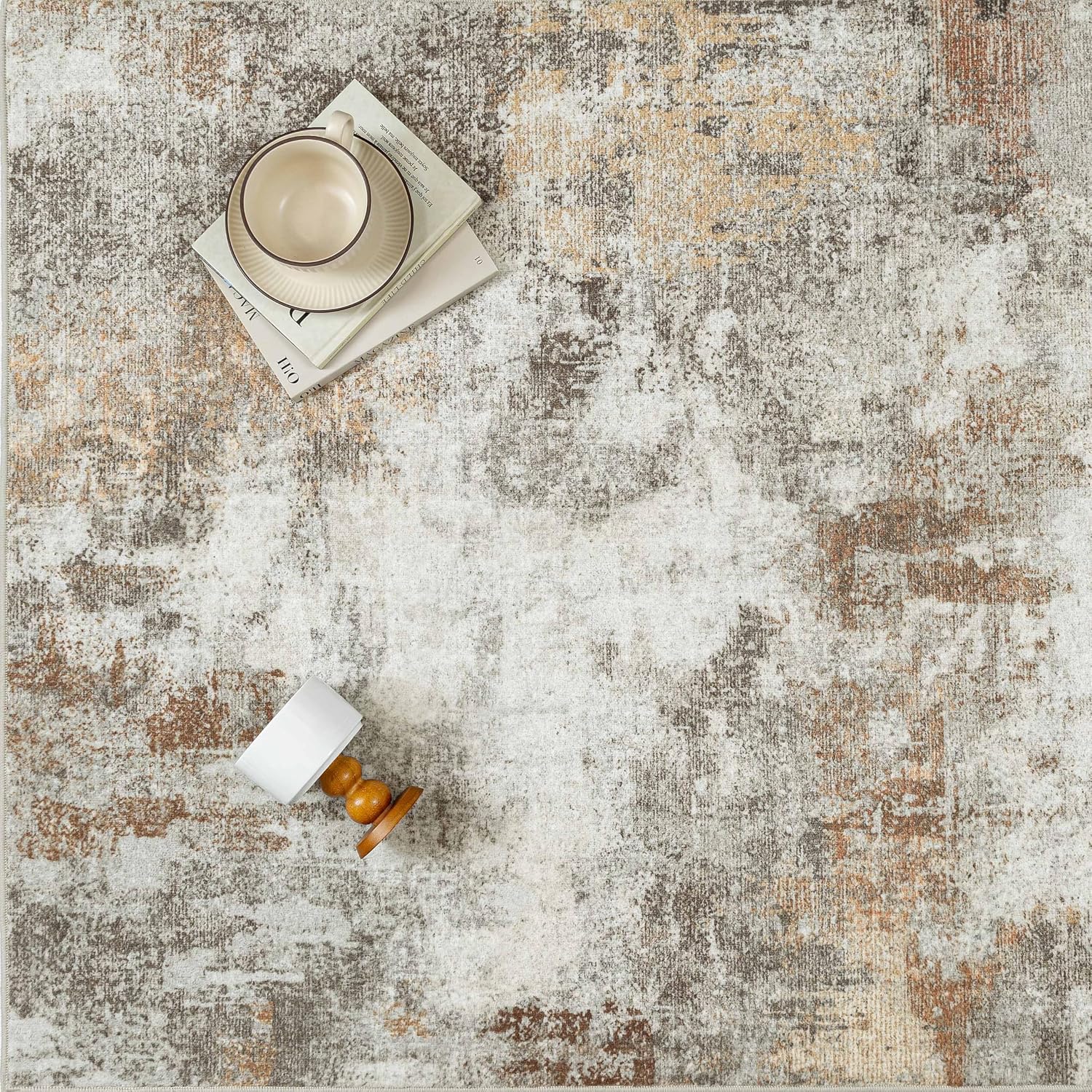 Detalle de PureCozy Abstraktes Wohnzimmer-Teppich-Set 240 x 300 cm (Vintage, waschbar, rutschfest, Orange-Grau)