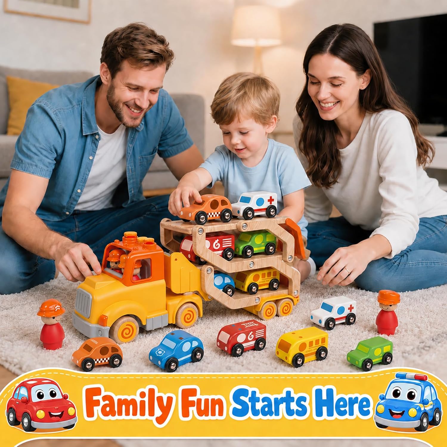 Thumbnail 3 de Toddler 7-in-1 Transport Trailer Toy Set with 6 Wooden Cars, Light & Sound 30in Foldable Track Trailer