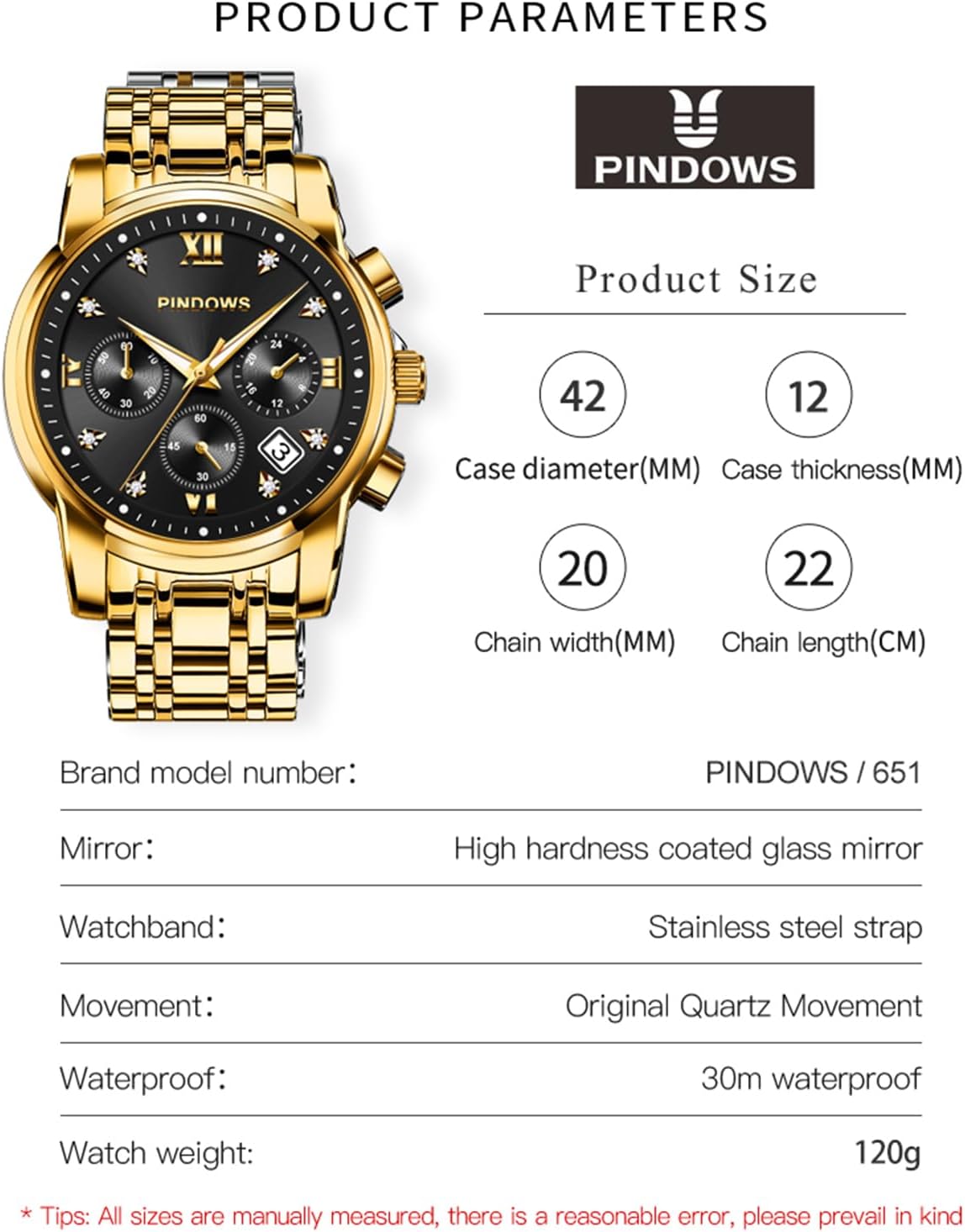 Detalle de PINDOWS Herrenuhr Quarz Luxus 30 m