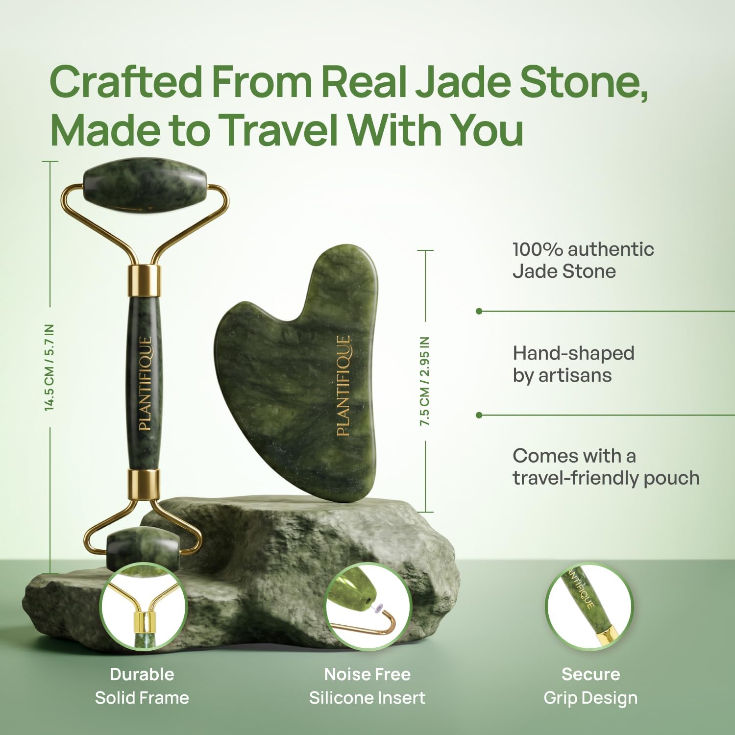 Detalle de PLANTIFIQUE Jade Roller & Gua Sha Set – Real Jade Facial Tools for Radiant Skin