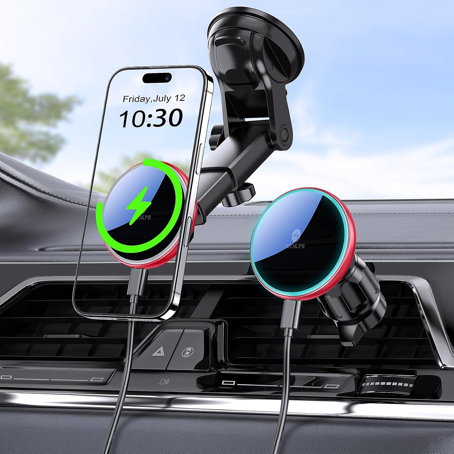 Detalle de MOKPR 15W Support Téléphone Voiture Magnétique — Charge rapide et fixation fiable pour iPhone 12 à 17 (rouge)
